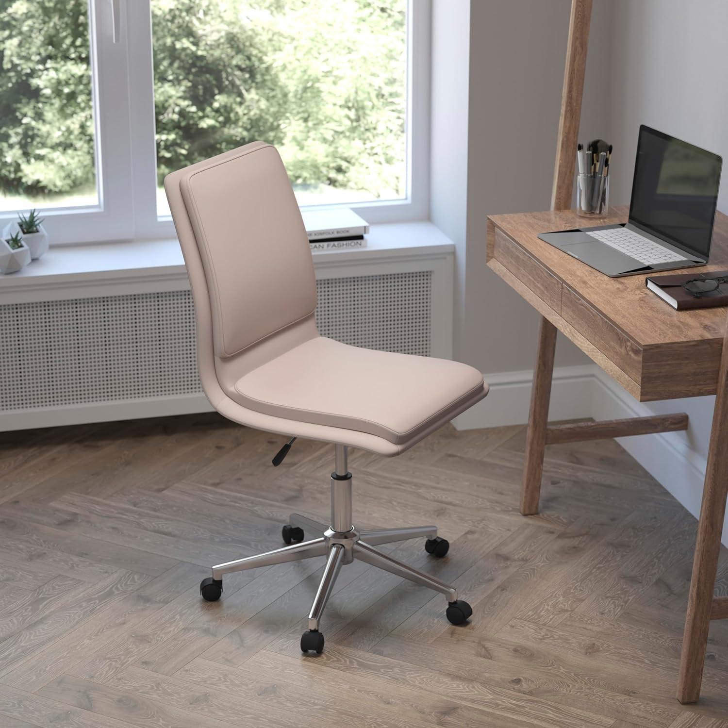 imageFlash Furniture Madigan Task Office Chair Luxurious Cognac LeatherSoft Upholstery Padded MidBack and Seat Height Adjustable Chrome Base ArmlessTaupe