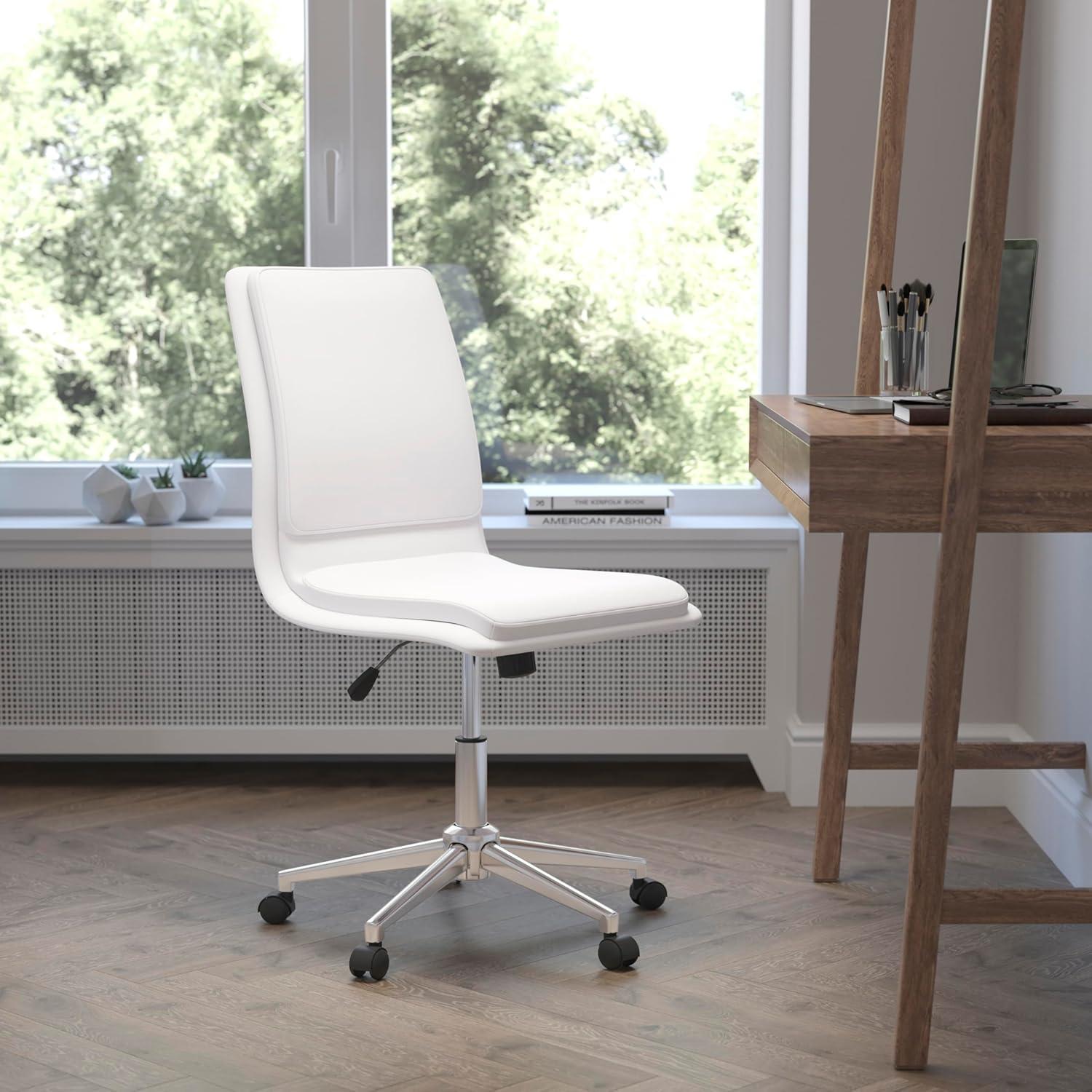 imageFlash Furniture Madigan Task Office Chair Luxurious Cognac LeatherSoft Upholstery Padded MidBack and Seat Height Adjustable Chrome Base ArmlessWhite
