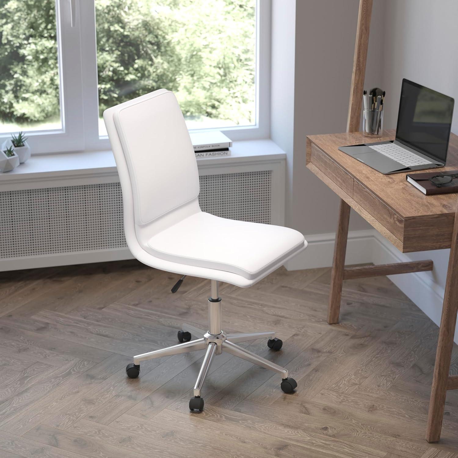 imageFlash Furniture Madigan Task Office Chair Luxurious Cognac LeatherSoft Upholstery Padded MidBack and Seat Height Adjustable Chrome Base ArmlessWhite