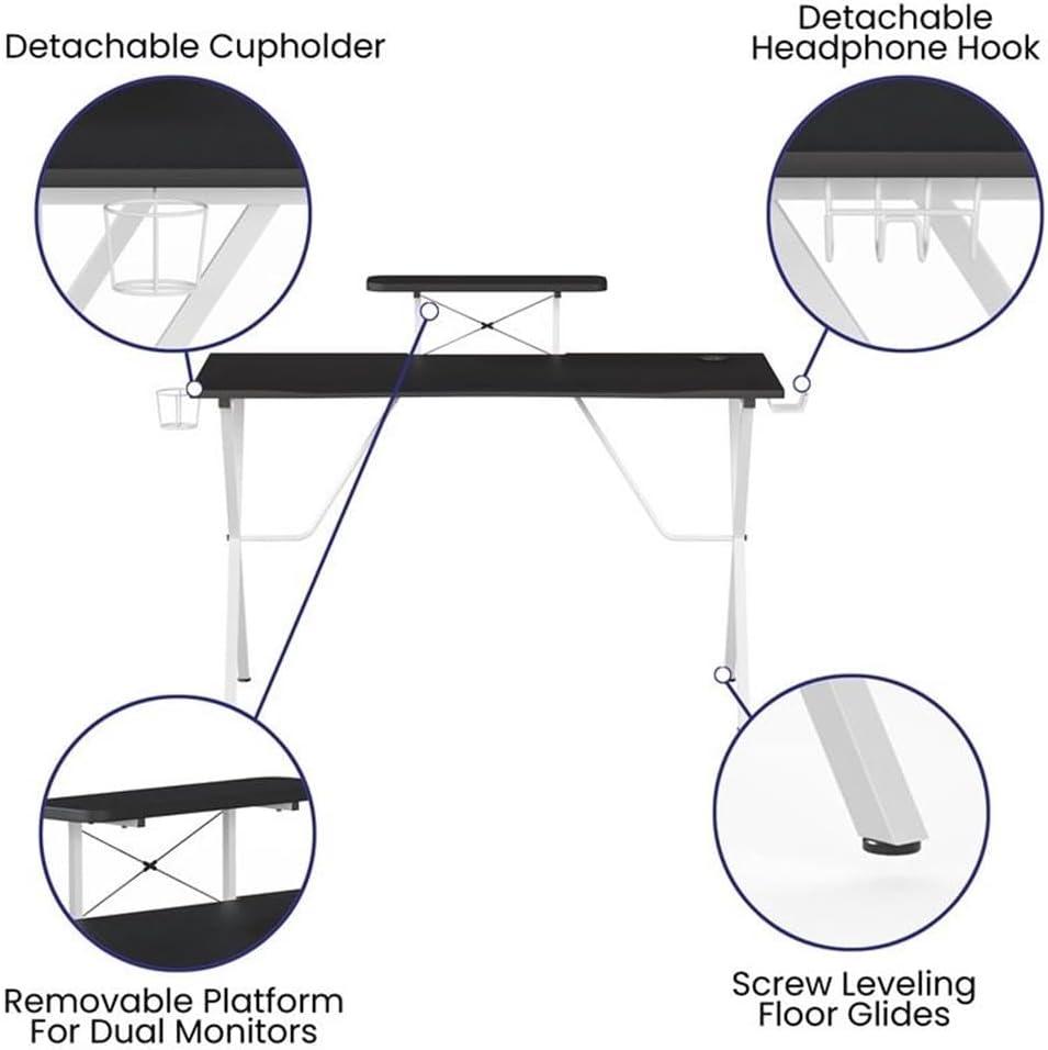 imageFlash Furniture Mallot Gaming Desk White Computer Desk 515quot Gamers Table with Cup Holder Headphone Hook and MonitorSmartphone StandBlackWhite
