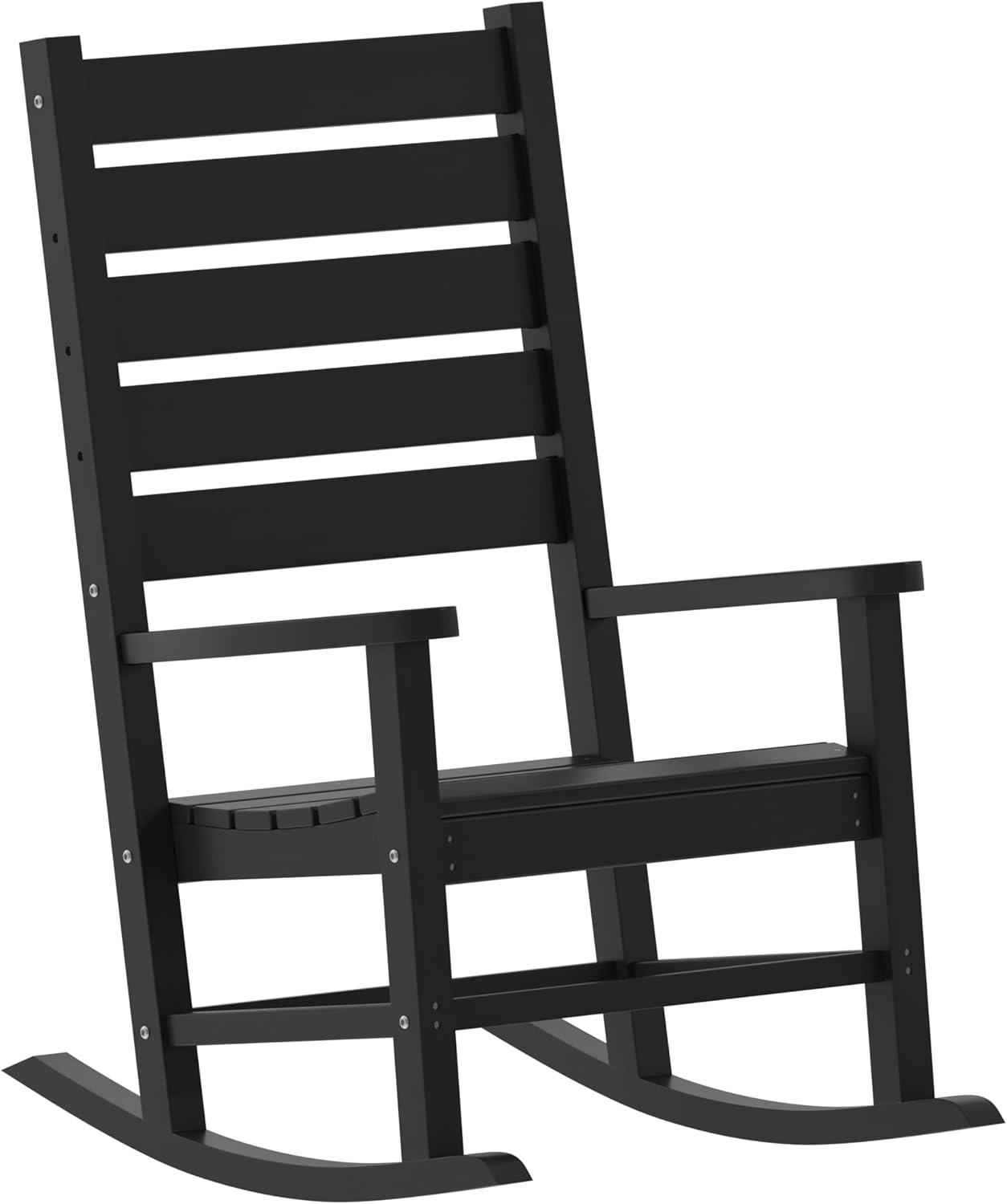 imageFlash Furniture Manchester Commercial 3Piece Rocking ChairsTable Set 2 Contemporary Rocking Chairs End Table HDPE Construction AllWeather Use BlackBlack