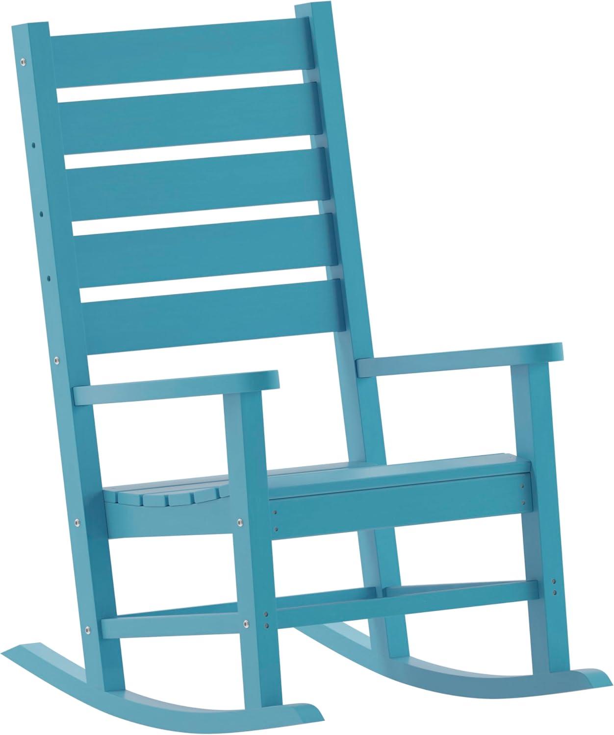 imageFlash Furniture Manchester Commercial 3Piece Rocking ChairsTable Set 2 Contemporary Rocking Chairs End Table HDPE Construction AllWeather Use Blue