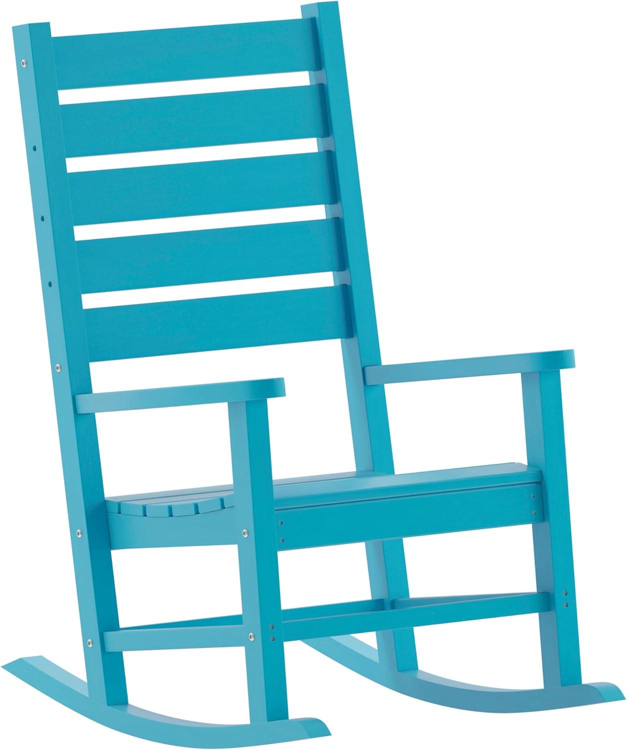 imageFlash Furniture Manchester Commercial 3Piece Rocking ChairsTable Set 2 Contemporary Rocking Chairs End Table HDPE Construction AllWeather Use Blue