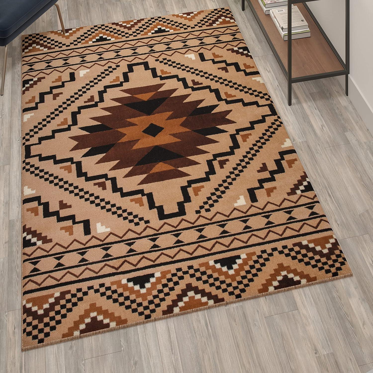 imageFlash Furniture Marana Collection Southwestern Style Area Rug Brown Olefin Accent Rug 5 x 7 Cotton Backing Entryway Living Room BedroomBrown