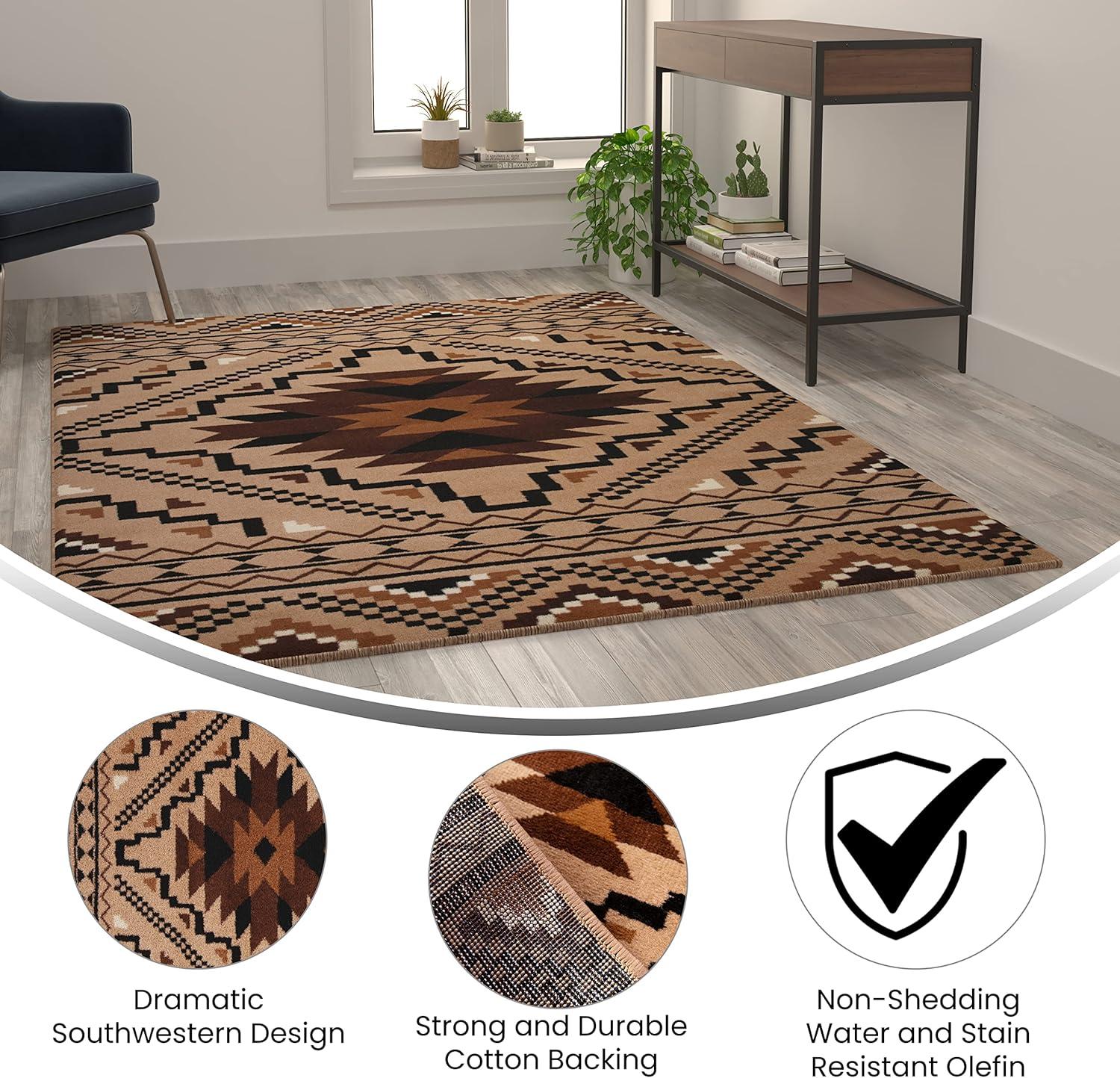 imageFlash Furniture Marana Collection Southwestern Style Area Rug Brown Olefin Accent Rug 5 x 7 Cotton Backing Entryway Living Room BedroomBrown
