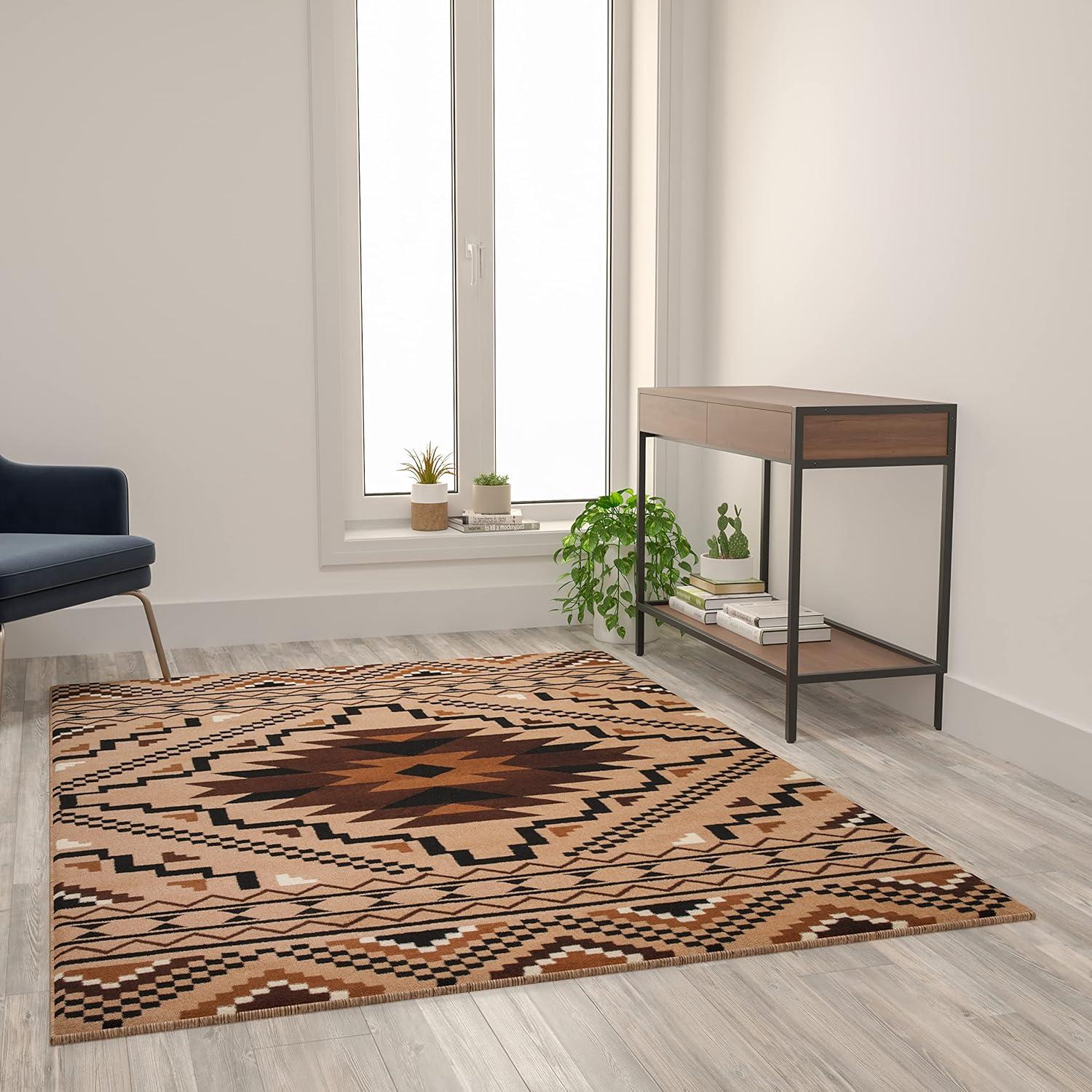 imageFlash Furniture Marana Collection Southwestern Style Area Rug Brown Olefin Accent Rug 5 x 7 Cotton Backing Entryway Living Room BedroomBrown