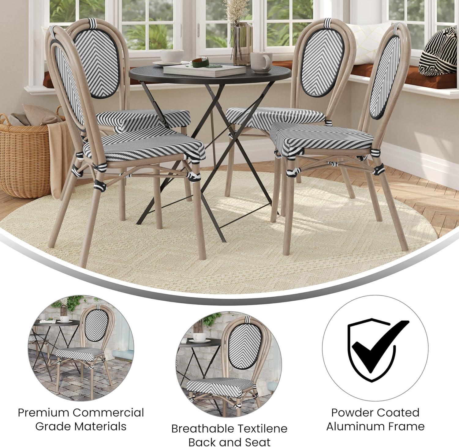 imageFlash Furniture Marseille IndoorOutdoor Commercial Bistro Stack Chair Black Textilene Back and Seat Natural Bamboo Print Metal FrameBlack WhiteLight Natural Frame