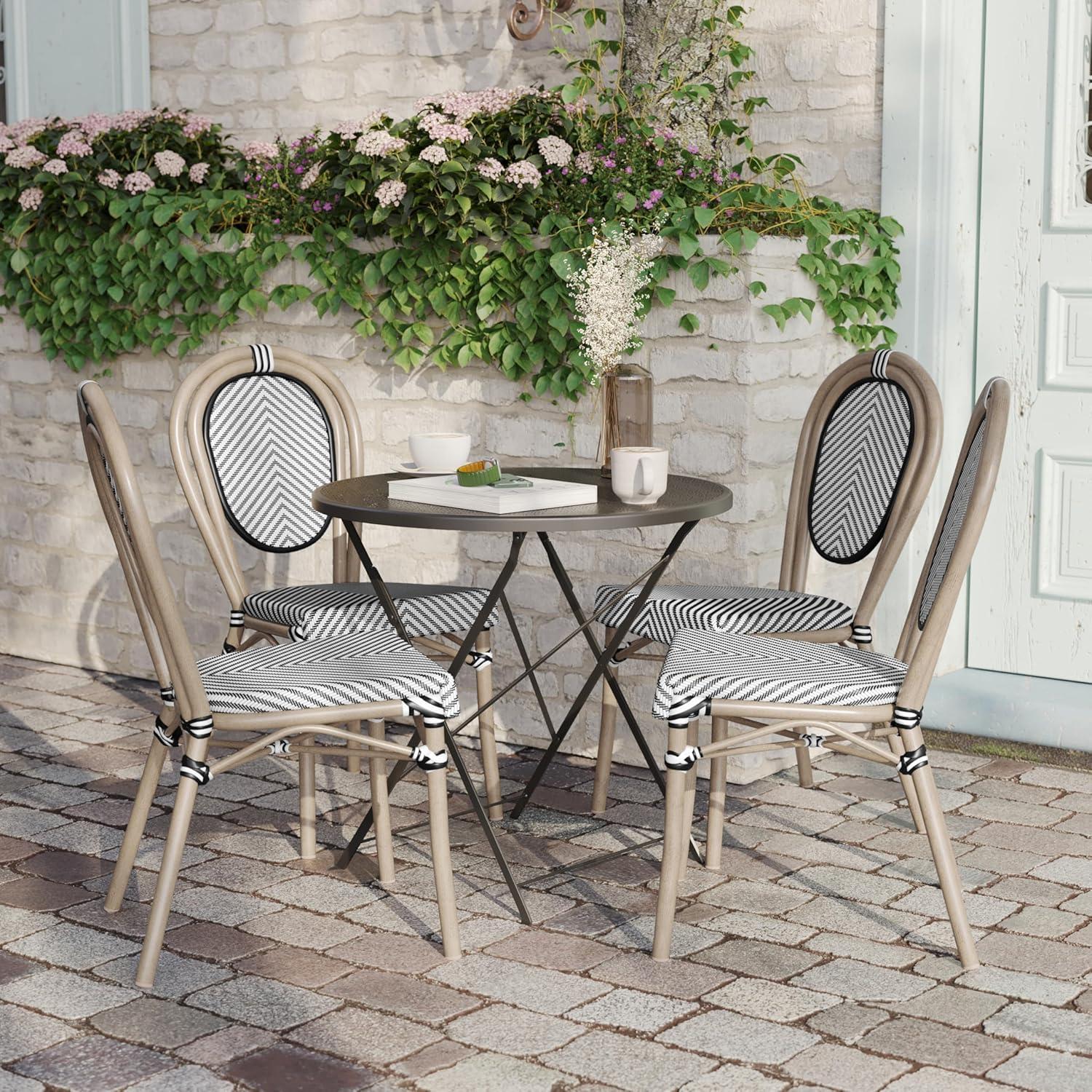imageFlash Furniture Marseille IndoorOutdoor Commercial Bistro Stack Chair Black Textilene Back and Seat Natural Bamboo Print Metal FrameBlack WhiteLight Natural Frame