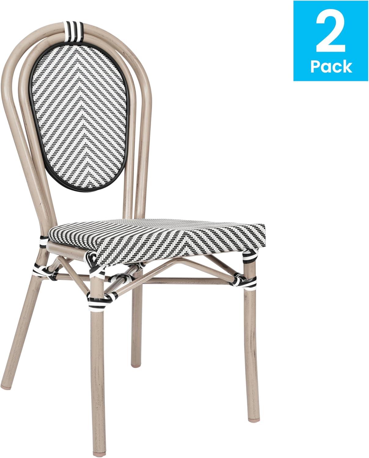 imageFlash Furniture Marseille IndoorOutdoor Commercial Bistro Stack Chair Black Textilene Back and Seat Natural Bamboo Print Metal FrameBlack WhiteLight Natural Frame
