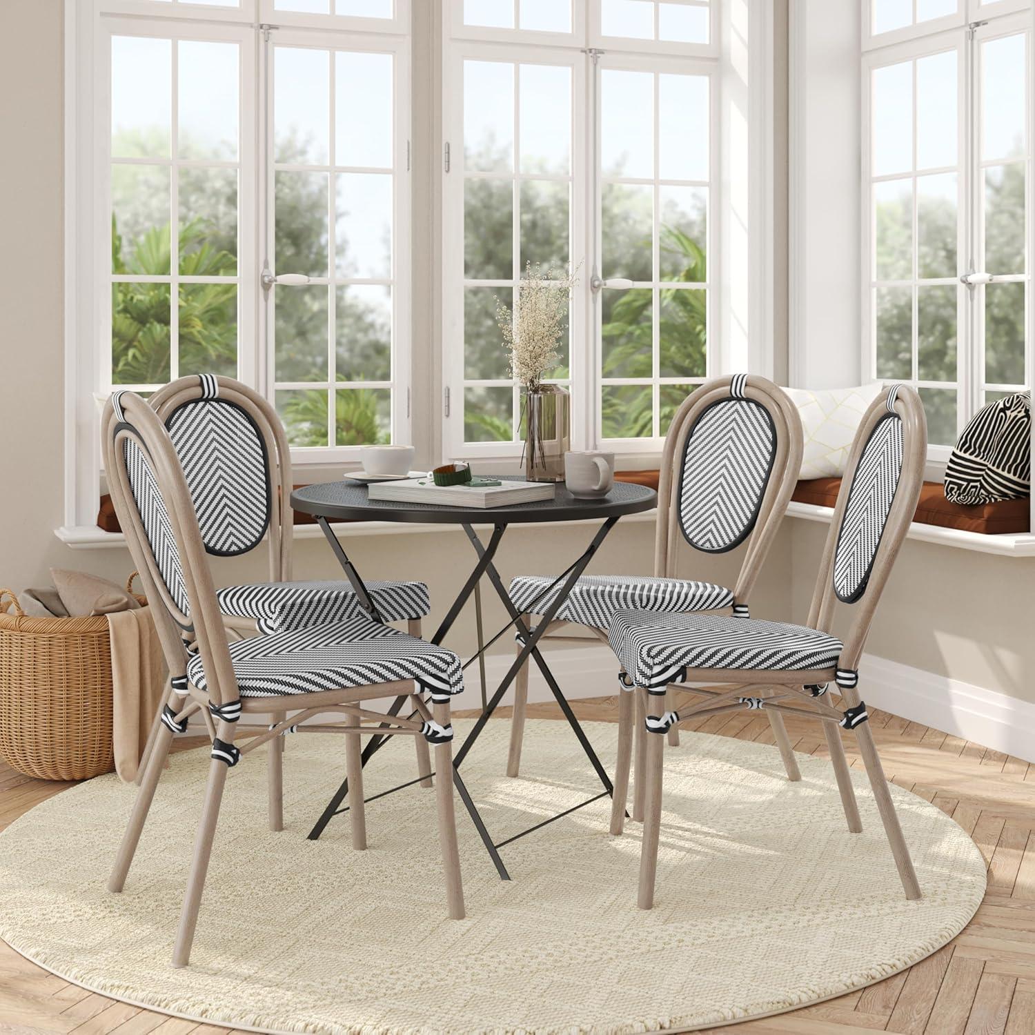 imageFlash Furniture Marseille IndoorOutdoor Commercial Bistro Stack Chair Black Textilene Back and Seat Natural Bamboo Print Metal FrameBlack WhiteLight Natural Frame
