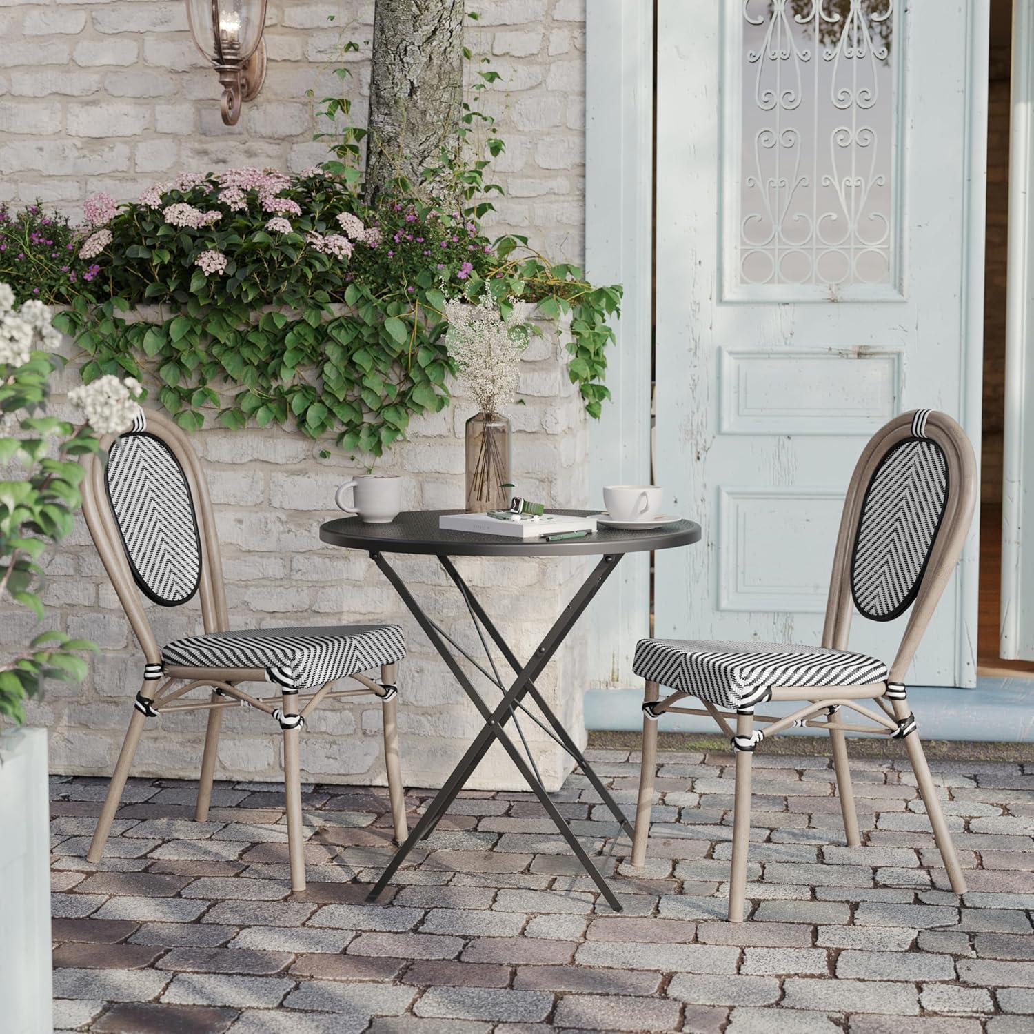 imageFlash Furniture Marseille IndoorOutdoor Commercial Bistro Stack Chair Black Textilene Back and Seat Natural Bamboo Print Metal FrameBlack WhiteLight Natural Frame