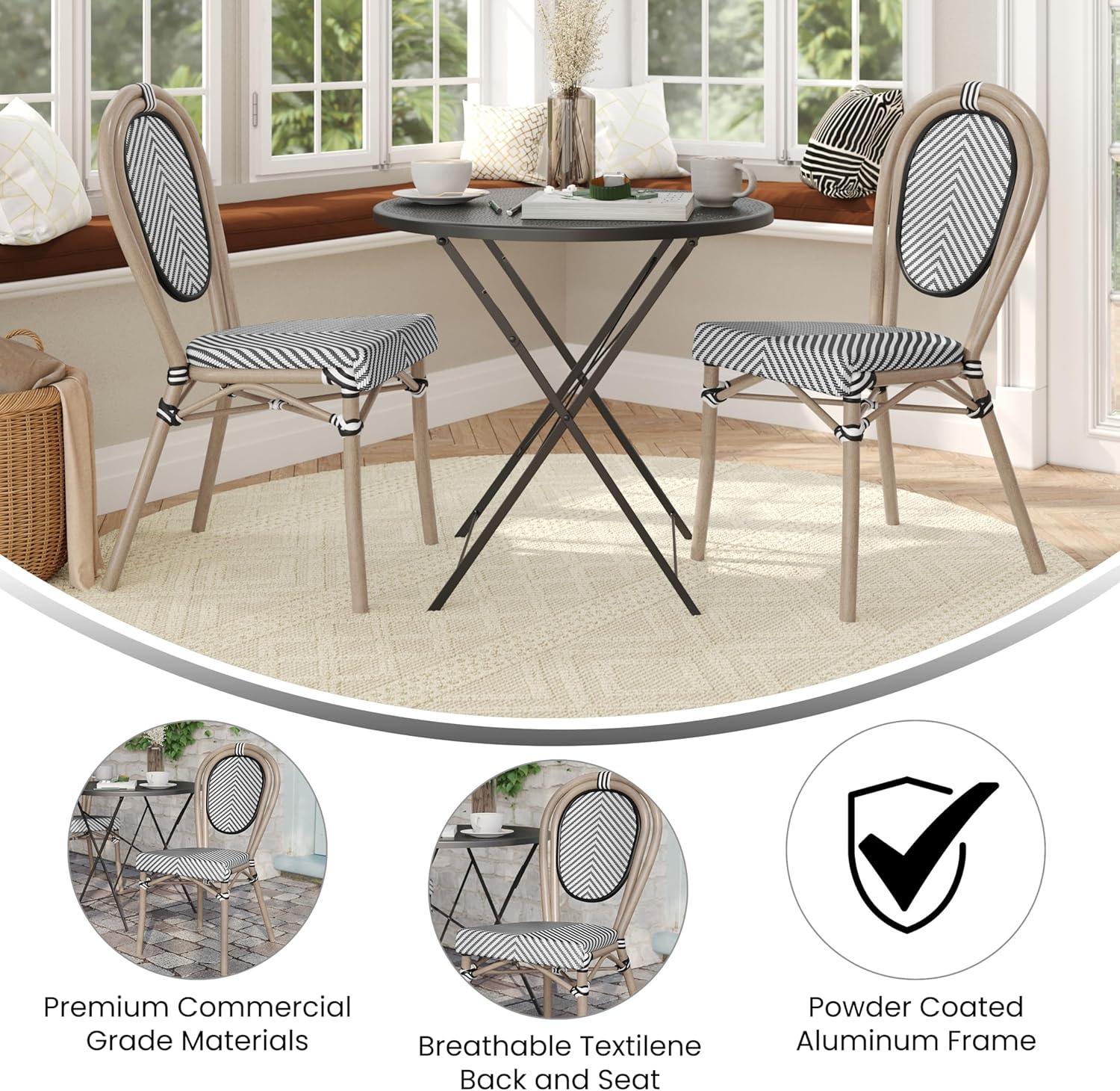 imageFlash Furniture Marseille IndoorOutdoor Commercial Bistro Stack Chair Black Textilene Back and Seat Natural Bamboo Print Metal FrameBlack WhiteLight Natural Frame