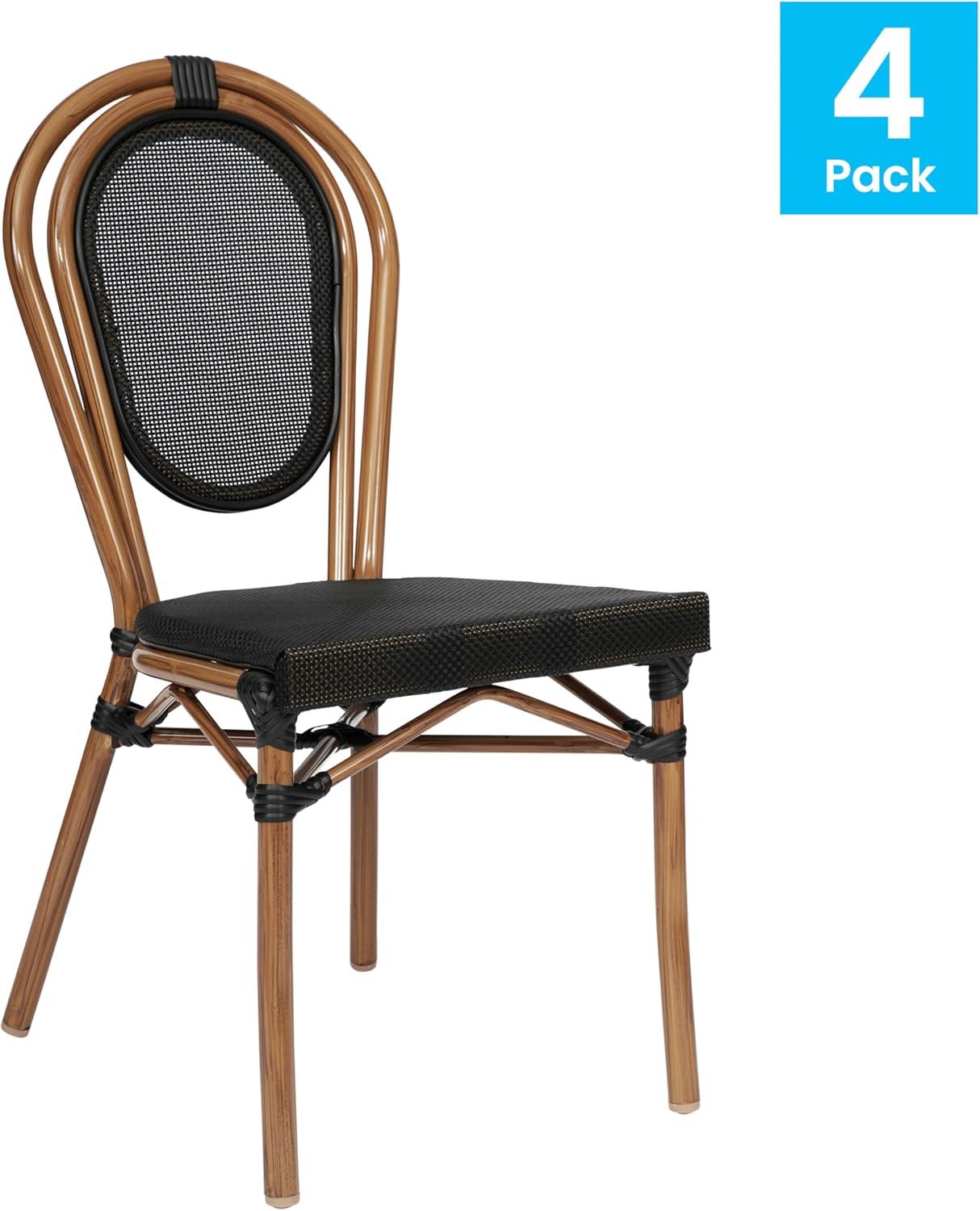 imageFlash Furniture Marseille IndoorOutdoor Commercial Bistro Stack Chair Black Textilene Back and Seat Natural Bamboo Print Metal FrameBlackNatural Frame