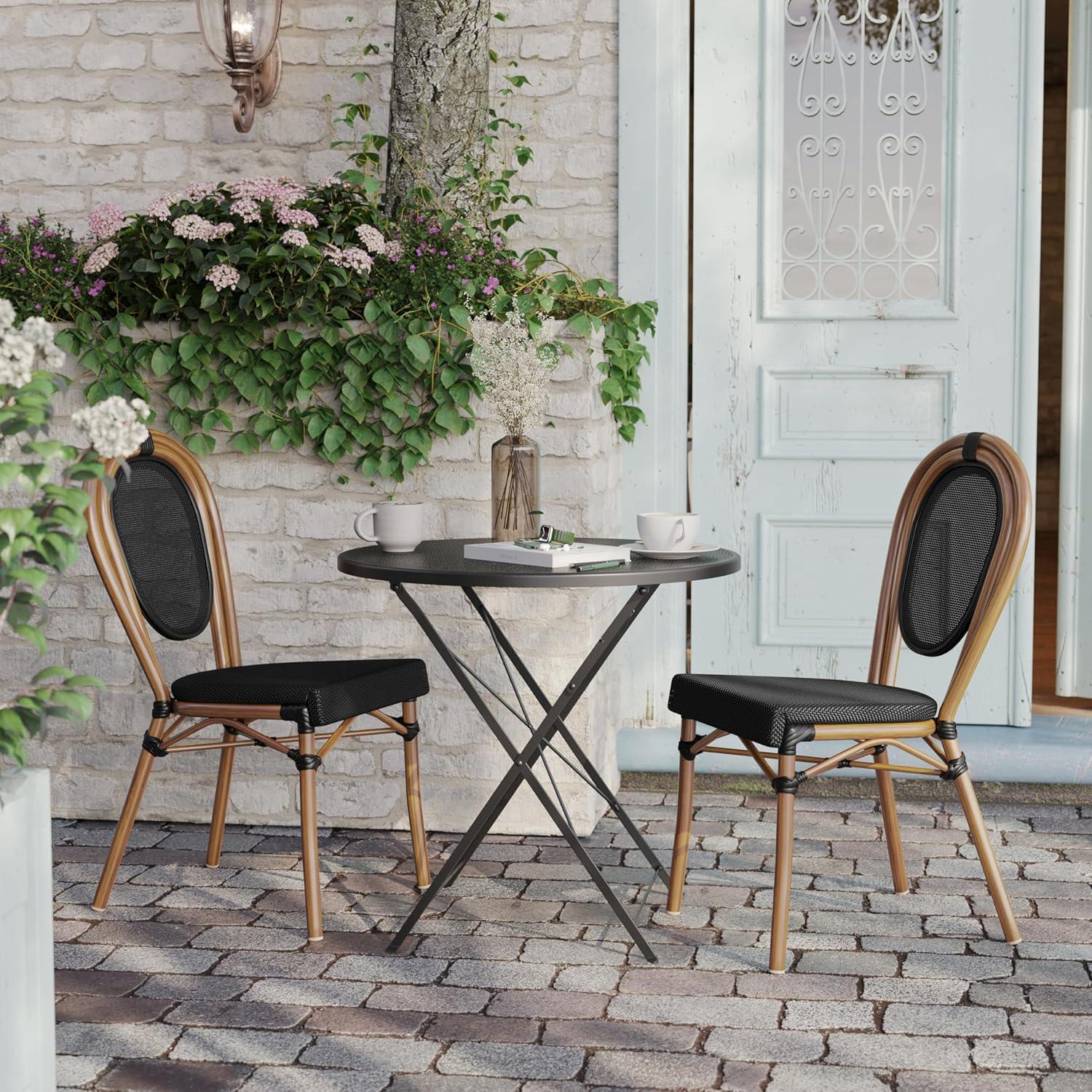 imageFlash Furniture Marseille IndoorOutdoor Commercial Bistro Stack Chair Black Textilene Back and Seat Natural Bamboo Print Metal FrameBlackNatural Frame