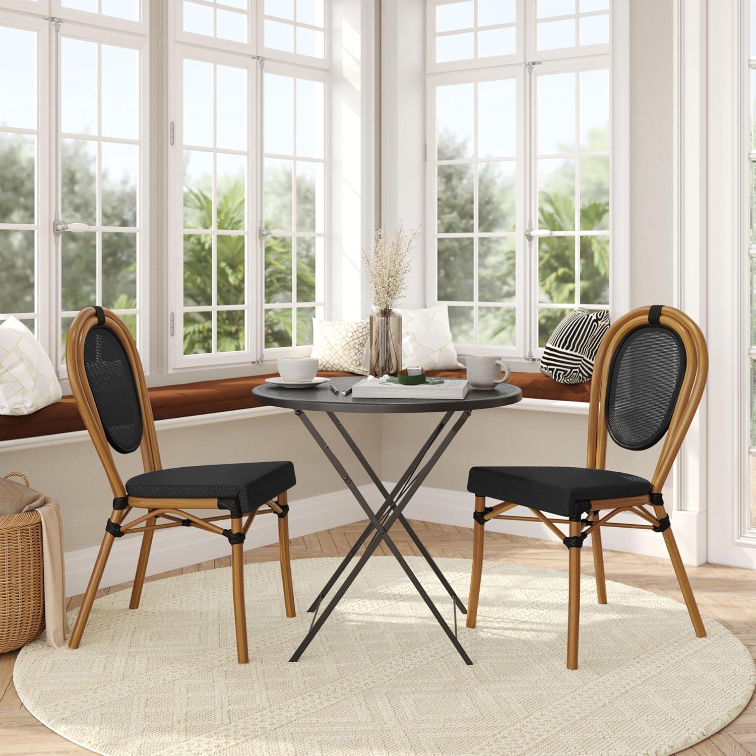 imageFlash Furniture Marseille IndoorOutdoor Commercial Bistro Stack Chair Black Textilene Back and Seat Natural Bamboo Print Metal FrameBlackNatural Frame