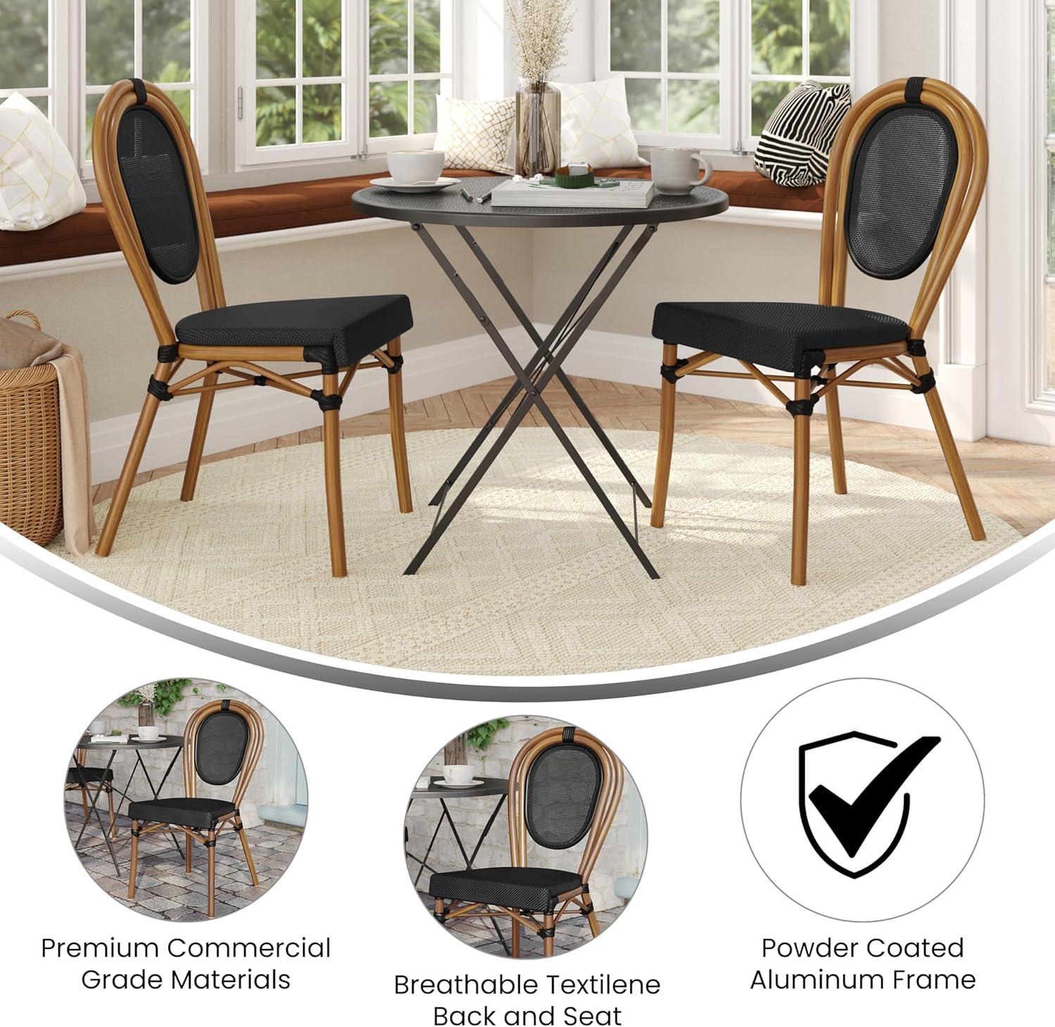 imageFlash Furniture Marseille IndoorOutdoor Commercial Bistro Stack Chair Black Textilene Back and Seat Natural Bamboo Print Metal FrameBlackNatural Frame