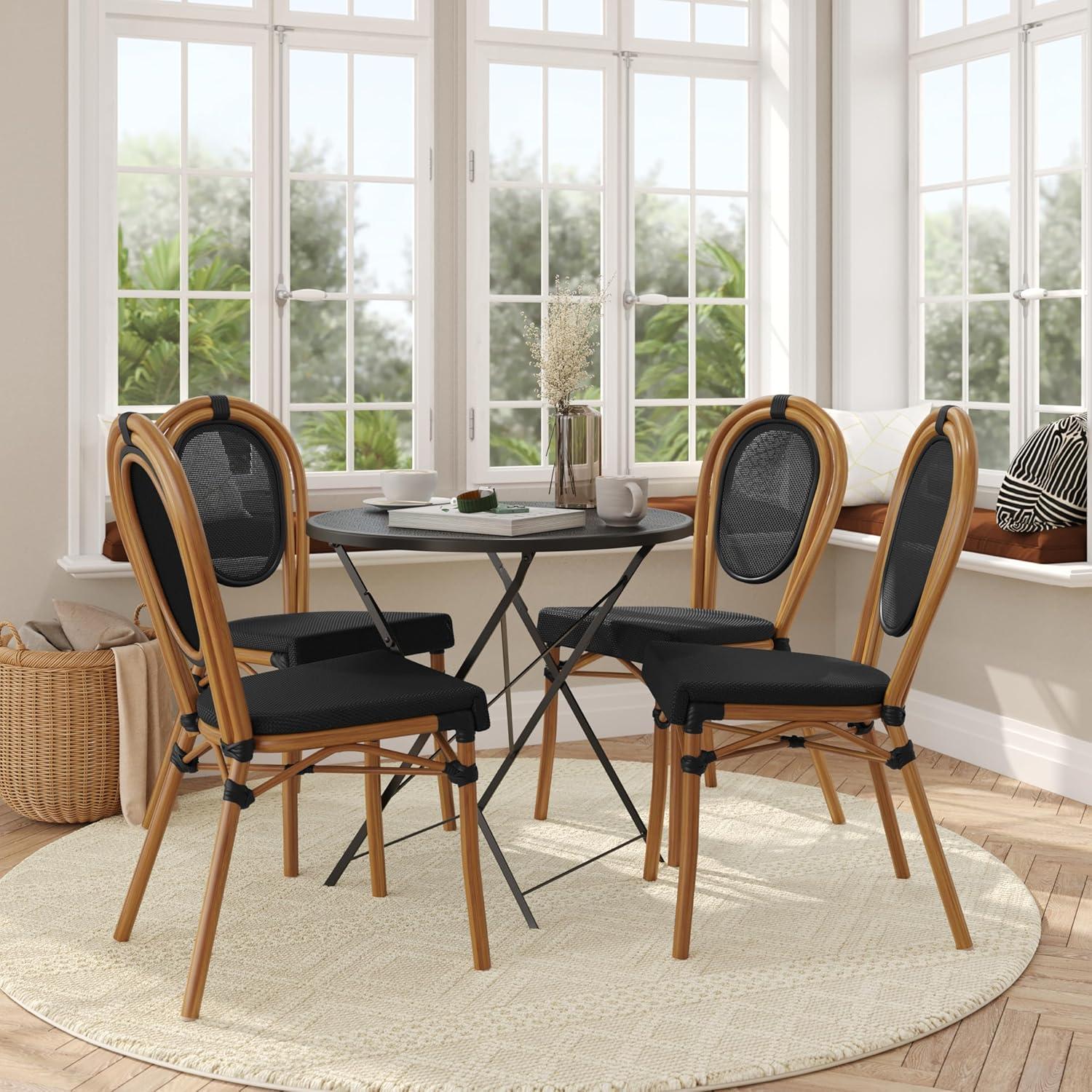 imageFlash Furniture Marseille IndoorOutdoor Commercial Bistro Stack Chair Black Textilene Back and Seat Natural Bamboo Print Metal FrameBlackNatural Frame