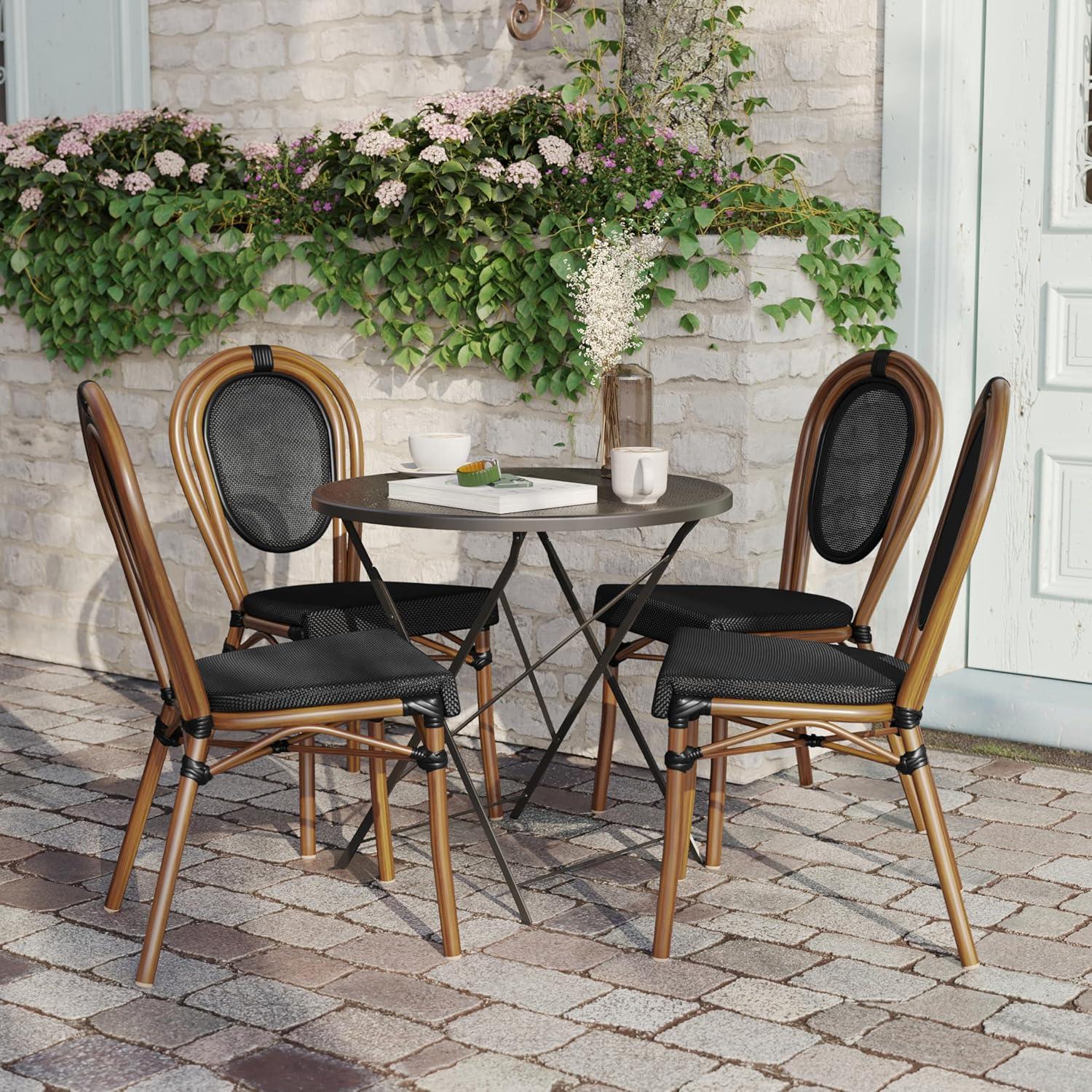 imageFlash Furniture Marseille IndoorOutdoor Commercial Bistro Stack Chair Black Textilene Back and Seat Natural Bamboo Print Metal FrameBlackNatural Frame