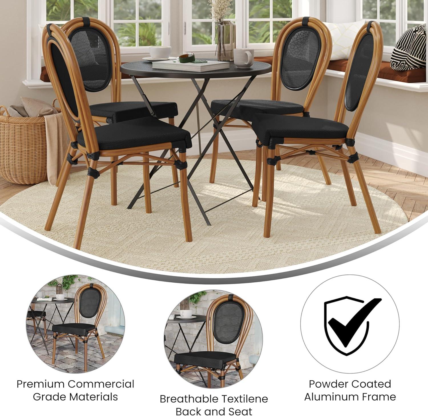 imageFlash Furniture Marseille IndoorOutdoor Commercial Bistro Stack Chair Black Textilene Back and Seat Natural Bamboo Print Metal FrameBlackNatural Frame