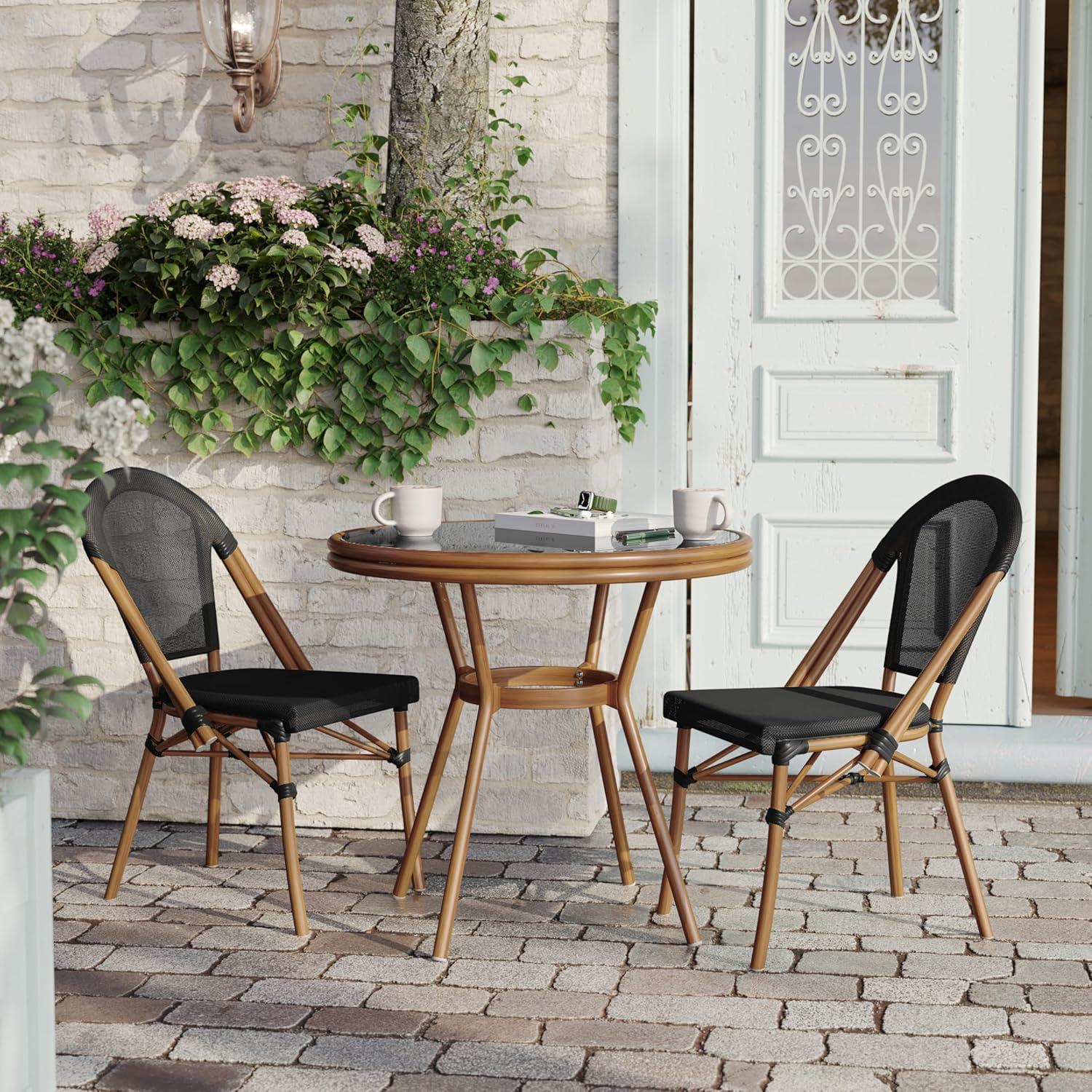 imageFlash Furniture Marseille IndoorOutdoor Commercial Bistro Table Tempered Glass Top Textilene Fabric Natural Bamboo Print Aluminum Frame 315quot BlackBlack TextileneNatural Frame