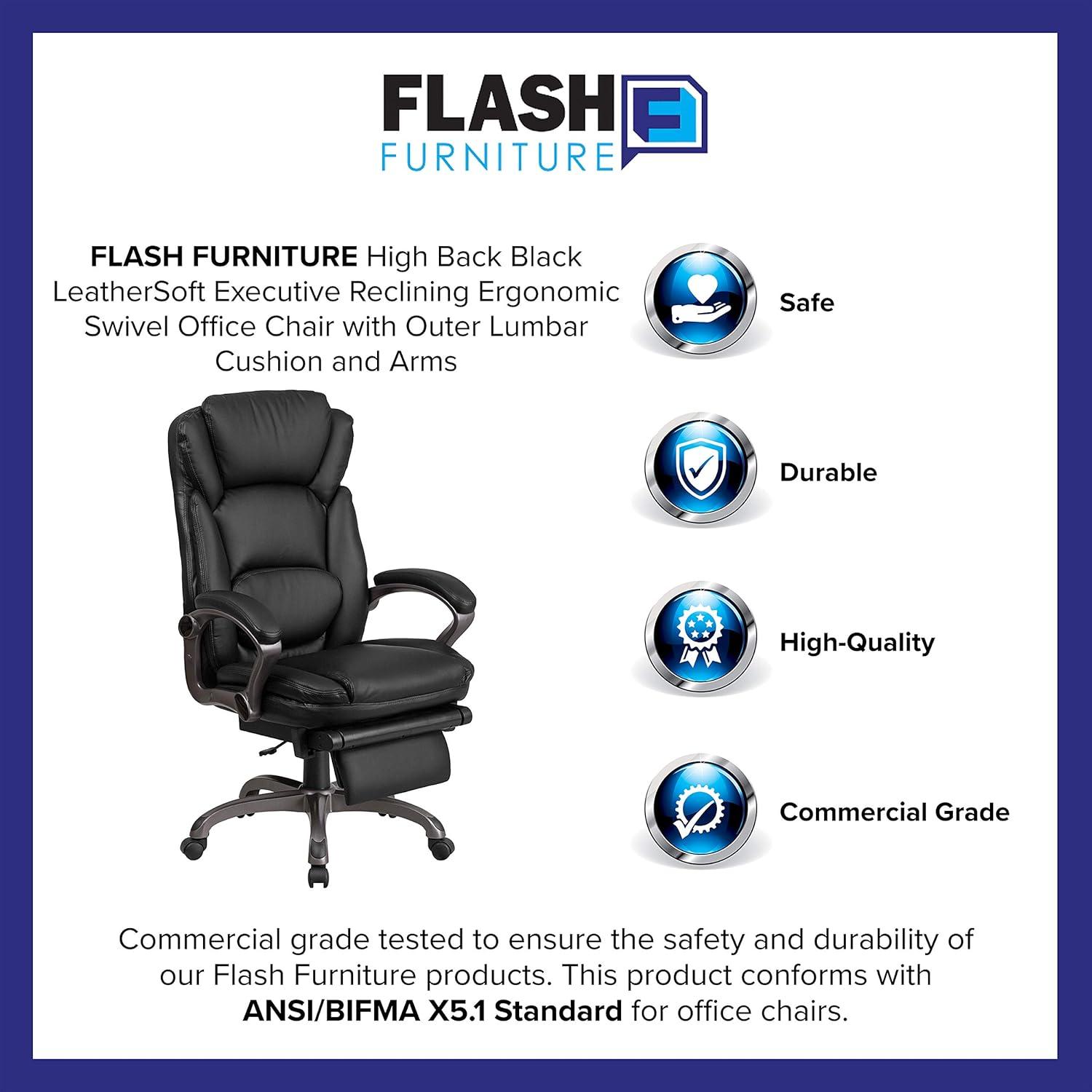 imageFlash Furniture Martin High Back Black LeatherSoft Executive Reclining Ergonomic Swivel Office Chair with Outer Lumbar Cushion and Arms