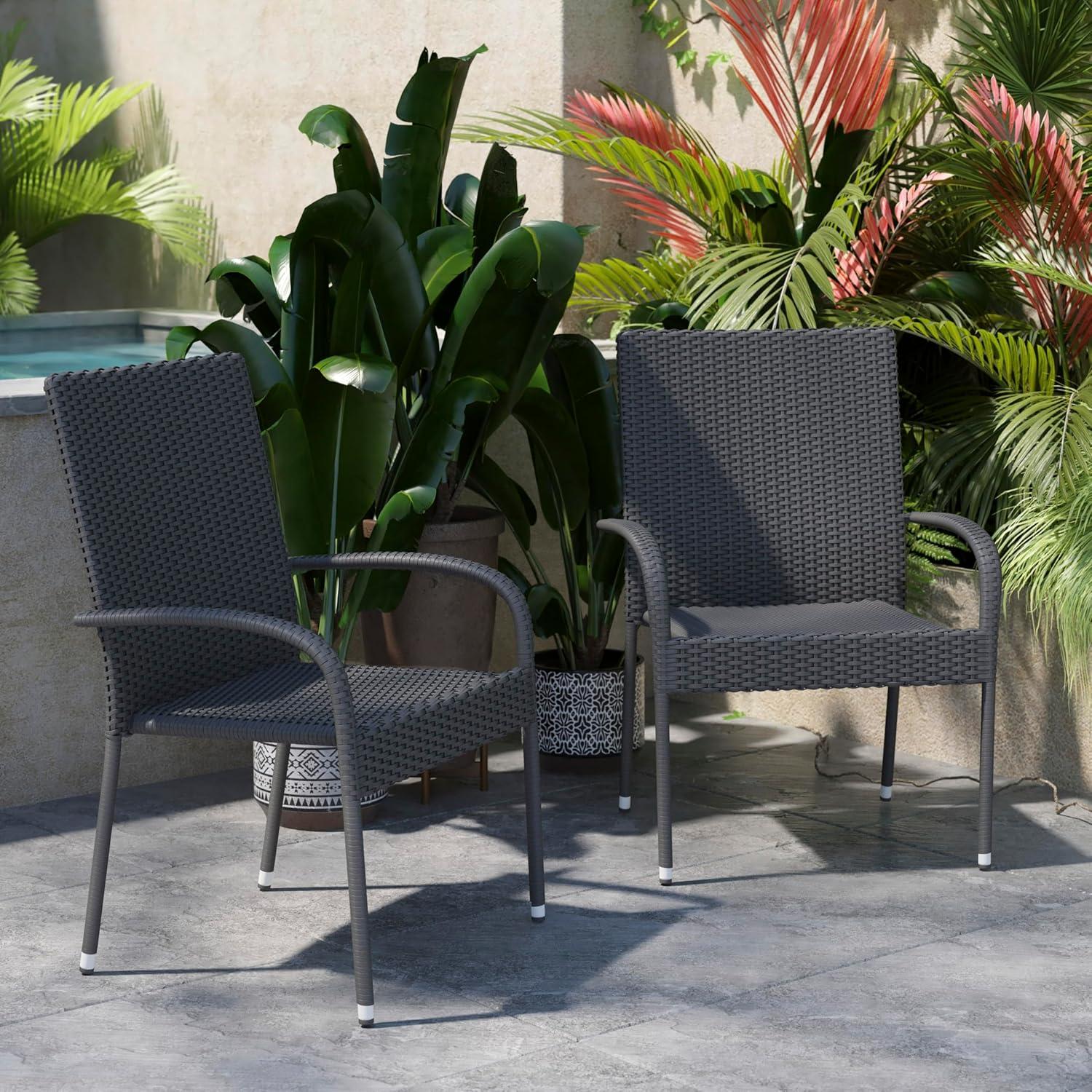 imageFlash Furniture Maxim Wicker IndoorOutdoor Dining Chairs with Arms Espresso Wicker Wrapped Steel Frames Fade ampamp Weather ResistantFor Deck or Backyard Set of 2Grey
