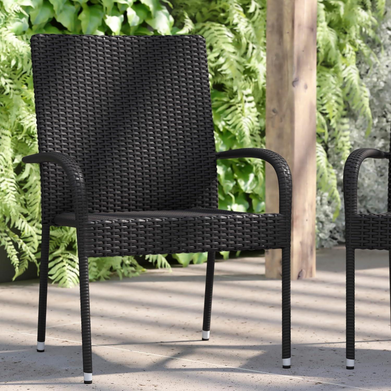 imageFlash Furniture Maxim Wicker IndoorOutdoor Dining Chairs with Arms Espresso Wicker Wrapped Steel Frames Fade ampamp Weather ResistantFor Deck or Backyard Set of 2Black