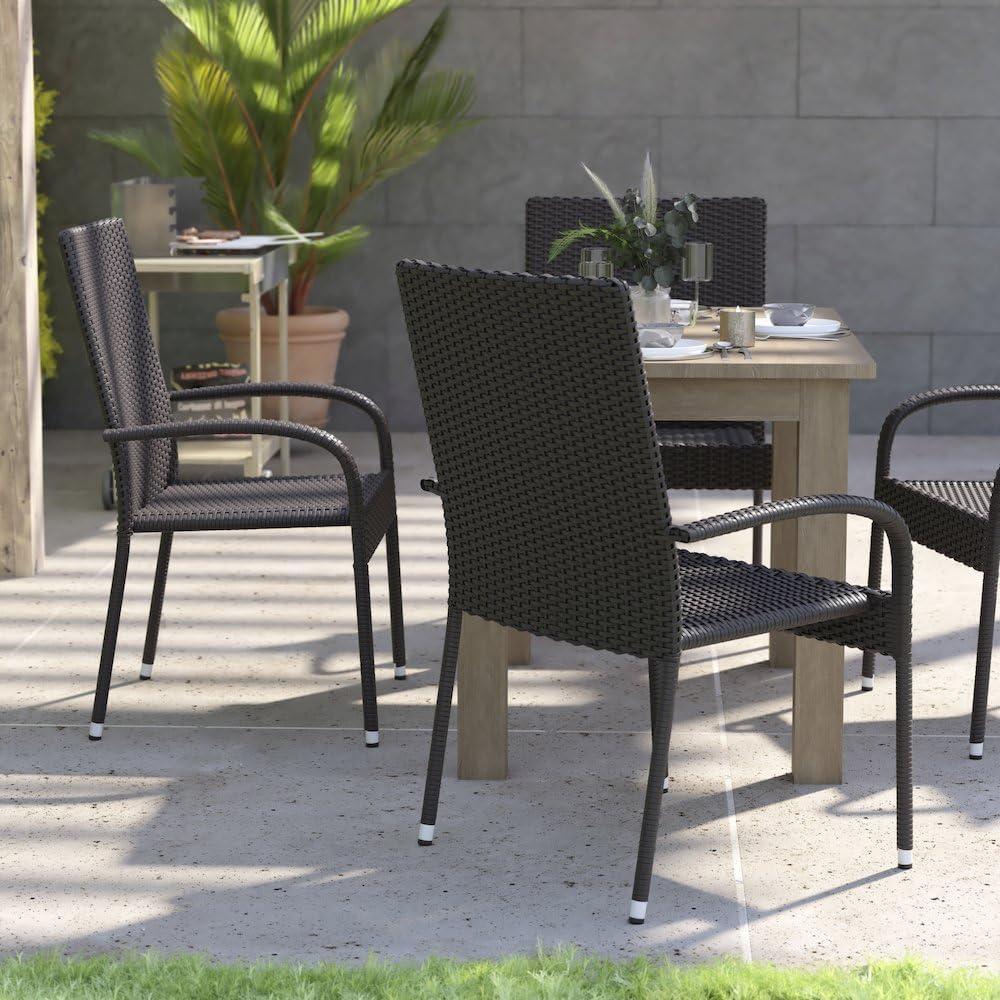 imageFlash Furniture Maxim Wicker IndoorOutdoor Dining Chairs with Arms Espresso Wicker Wrapped Steel Frames Fade ampamp Weather ResistantFor Deck or Backyard Set of 2Black