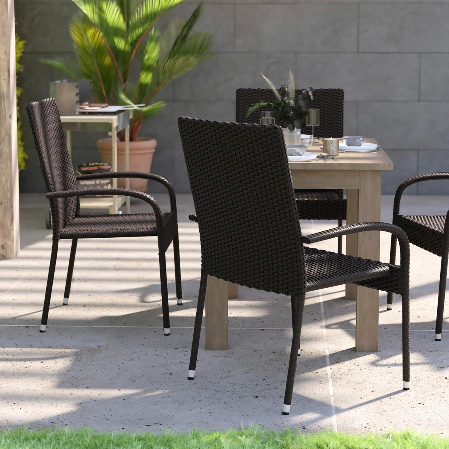 imageFlash Furniture Maxim Wicker IndoorOutdoor Dining Chairs with Arms Espresso Wicker Wrapped Steel Frames Fade ampamp Weather ResistantFor Deck or Backyard Set of 2Espresso