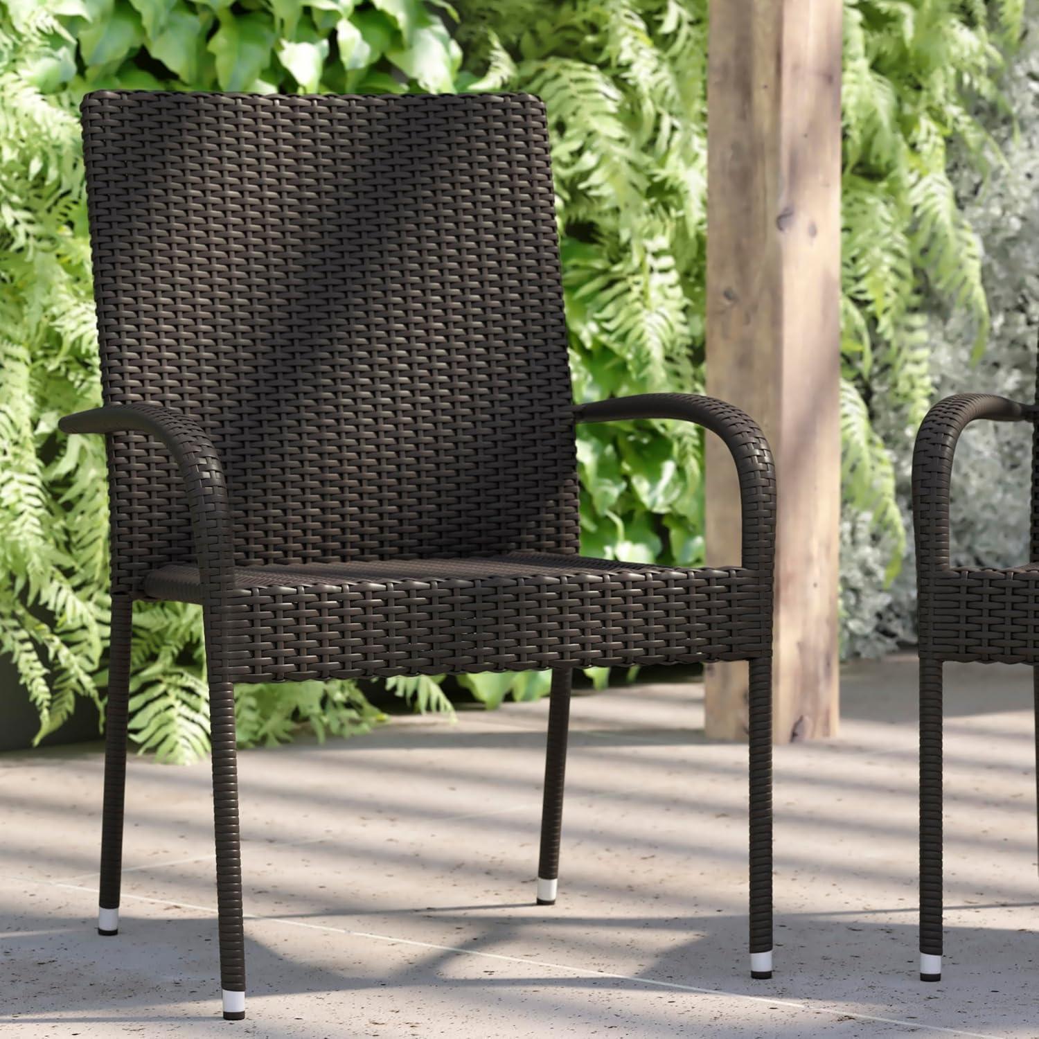 imageFlash Furniture Maxim Wicker IndoorOutdoor Dining Chairs with Arms Espresso Wicker Wrapped Steel Frames Fade ampamp Weather ResistantFor Deck or Backyard Set of 2Espresso