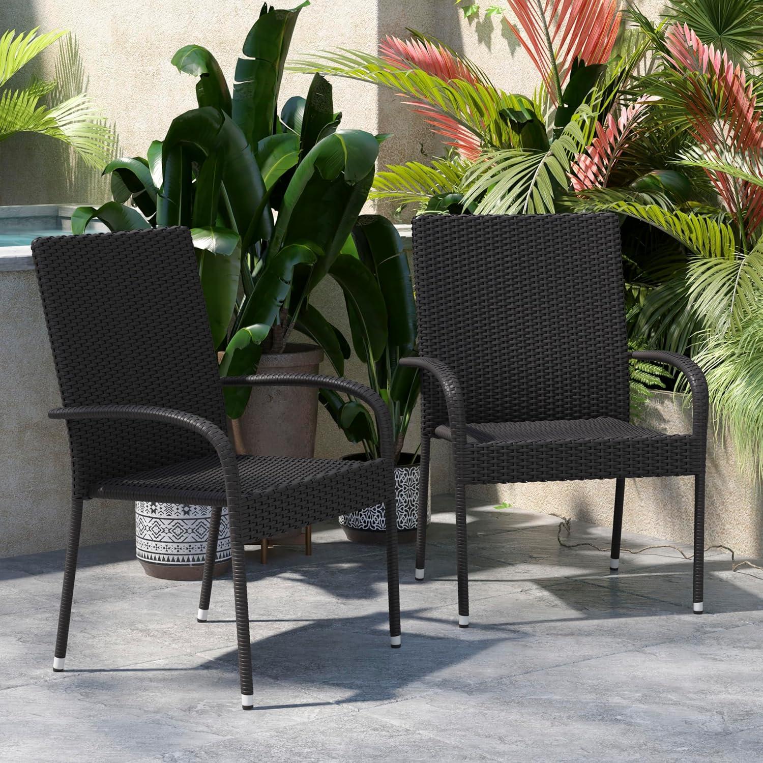 imageFlash Furniture Maxim Wicker IndoorOutdoor Dining Chairs with Arms Espresso Wicker Wrapped Steel Frames Fade ampamp Weather ResistantFor Deck or Backyard Set of 2Black