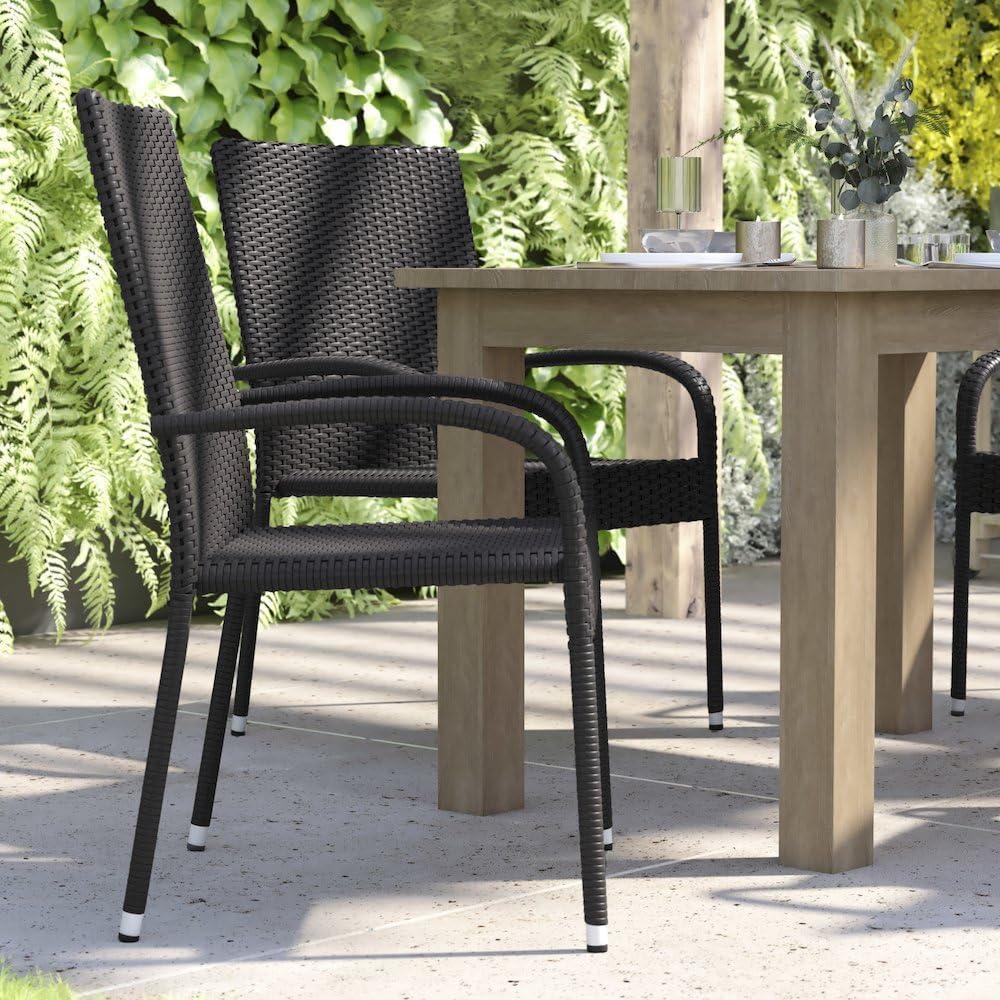 imageFlash Furniture Maxim Wicker IndoorOutdoor Dining Chairs with Arms Espresso Wicker Wrapped Steel Frames Fade ampamp Weather ResistantFor Deck or Backyard Set of 2Black