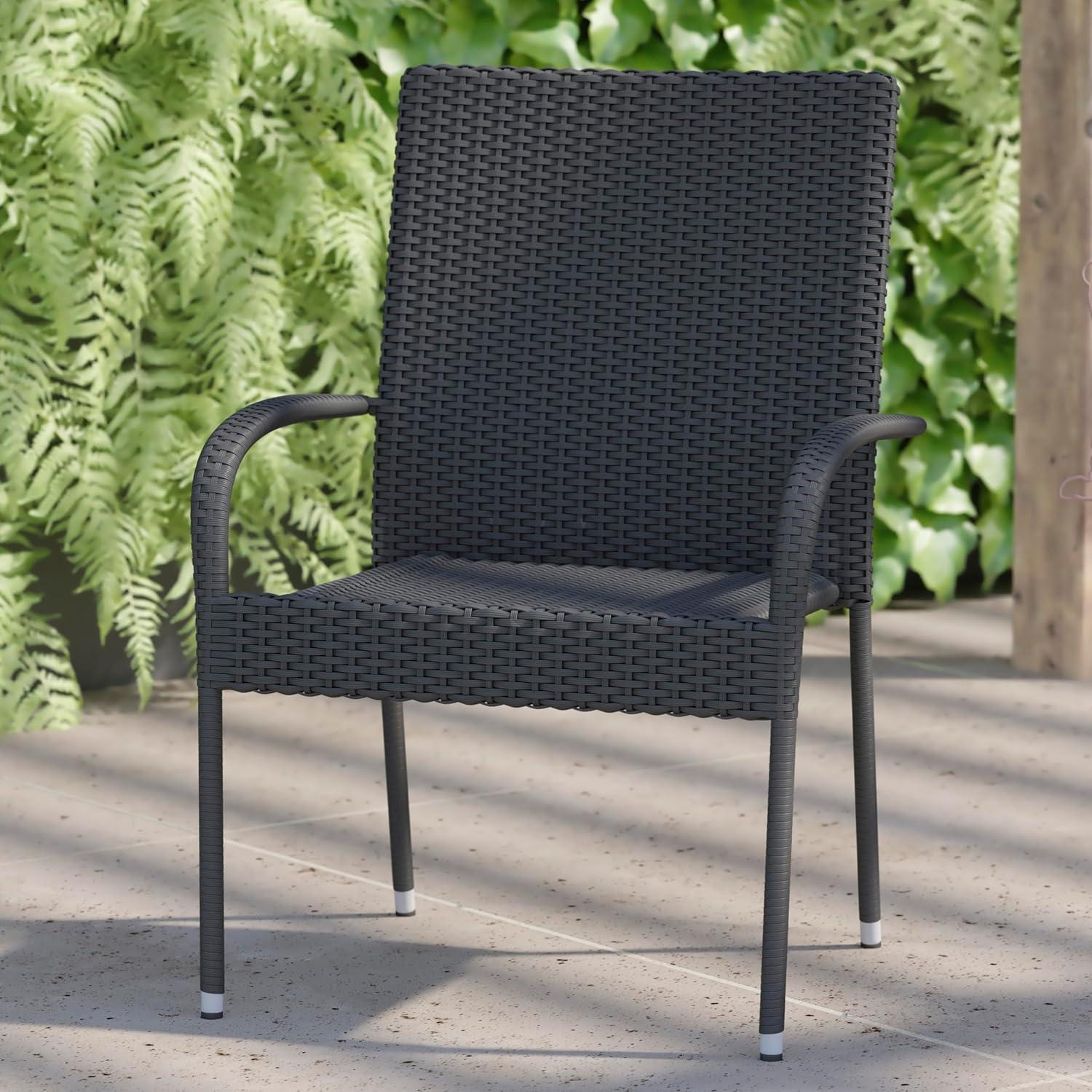 imageFlash Furniture Maxim Wicker IndoorOutdoor Dining Chairs with Arms Espresso Wicker Wrapped Steel Frames Fade ampamp Weather ResistantFor Deck or Backyard Set of 2Grey