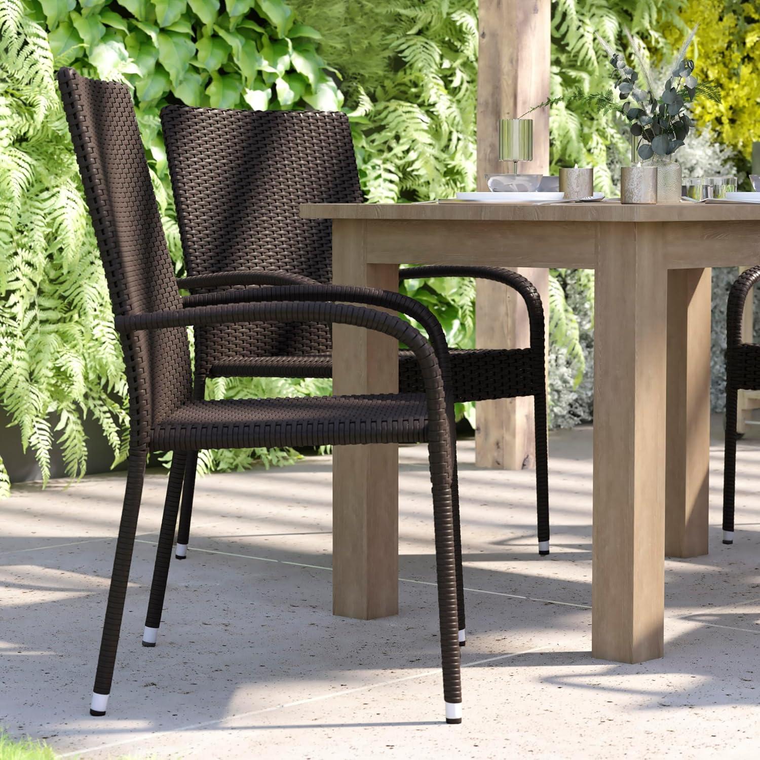 imageFlash Furniture Maxim Wicker IndoorOutdoor Dining Chairs with Arms Espresso Wicker Wrapped Steel Frames Fade ampamp Weather ResistantFor Deck or Backyard Set of 2Espresso