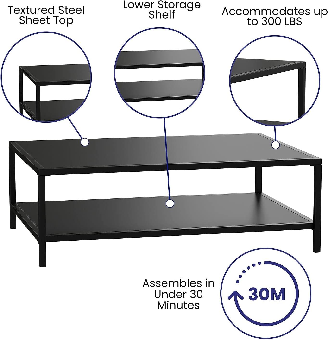 imageFlash Furniture Metal IndoorBrock Outdoor Coffee Table with Lower Shelf Black Steel Coffee Table for Business or Home Use Modern Square Leg Frame