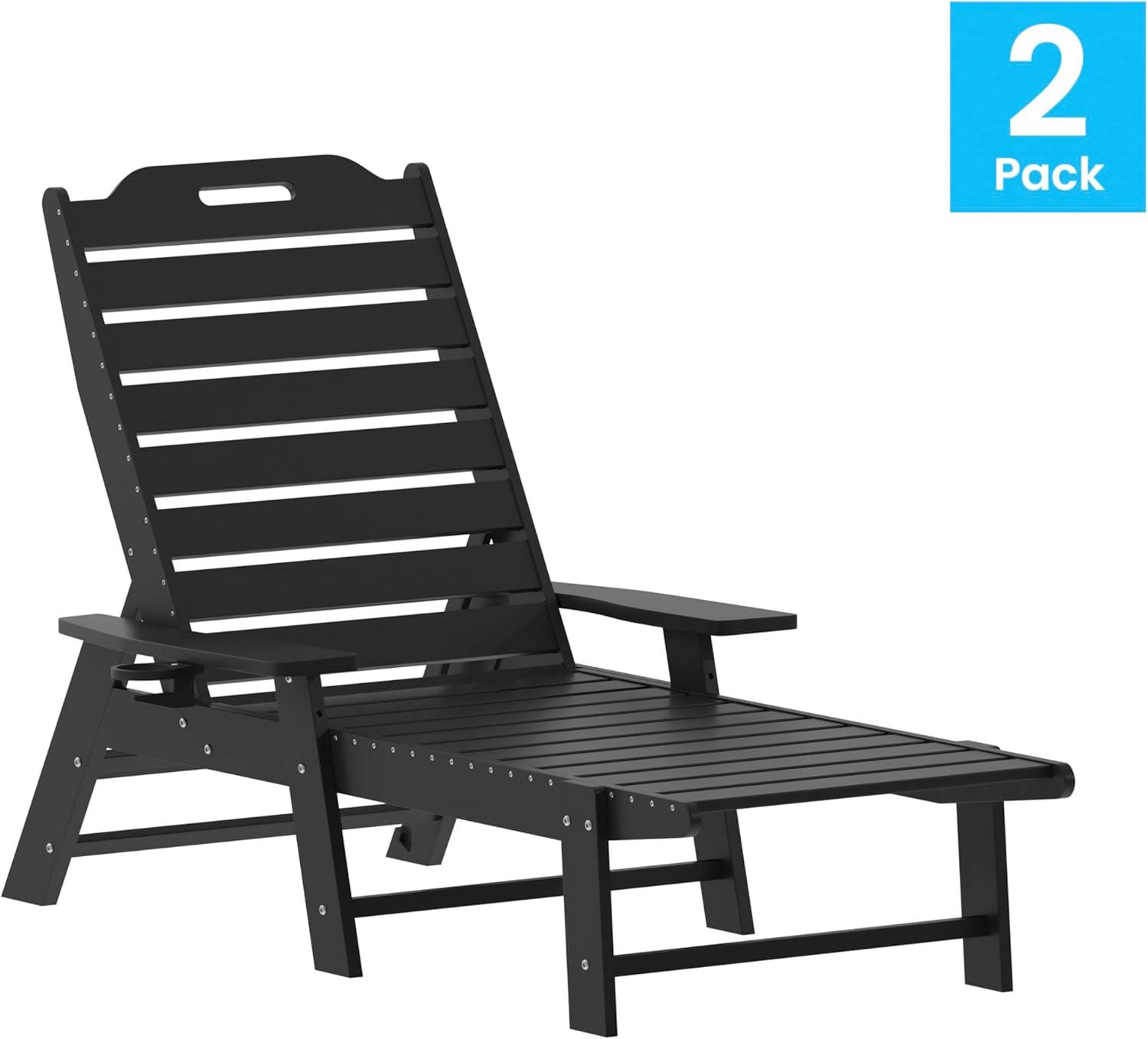 imageFlash Furniture Monterey Adjustable Adirondack Loungers with Cup Holders AllWeather IndoorOutdoor HDPE Lounge Chairs Set of 2 GrayBlack