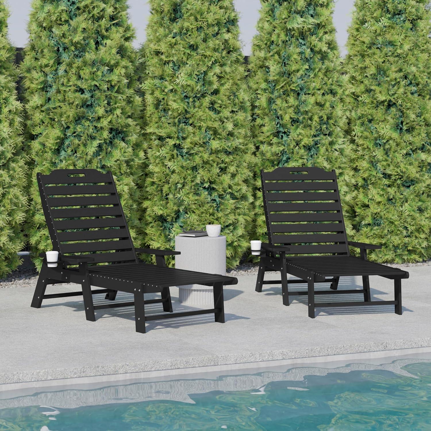 imageFlash Furniture Monterey Adjustable Adirondack Loungers with Cup Holders AllWeather IndoorOutdoor HDPE Lounge Chairs Set of 2 GrayBlack