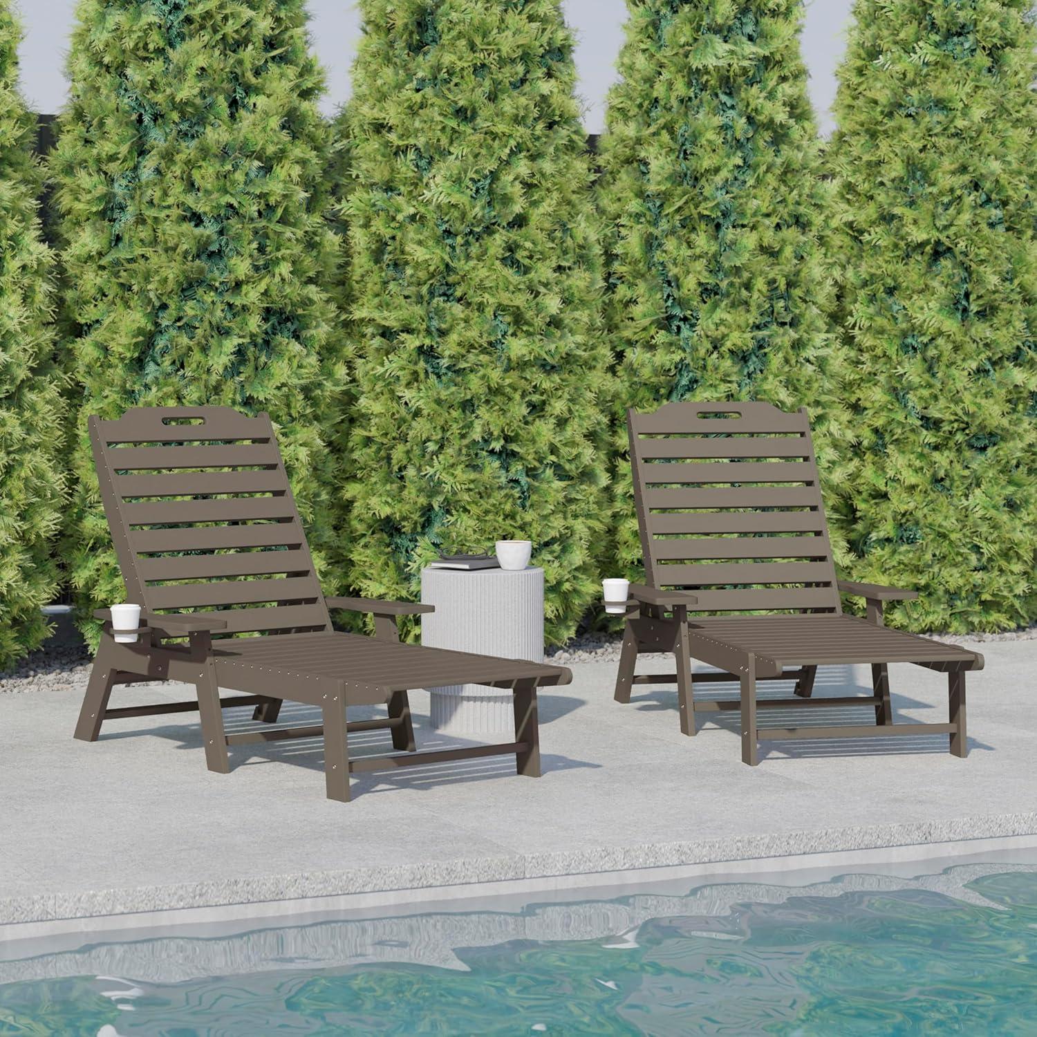 imageFlash Furniture Monterey Adjustable Adirondack Loungers with Cup Holders AllWeather IndoorOutdoor HDPE Lounge Chairs Set of 2 GrayBrown