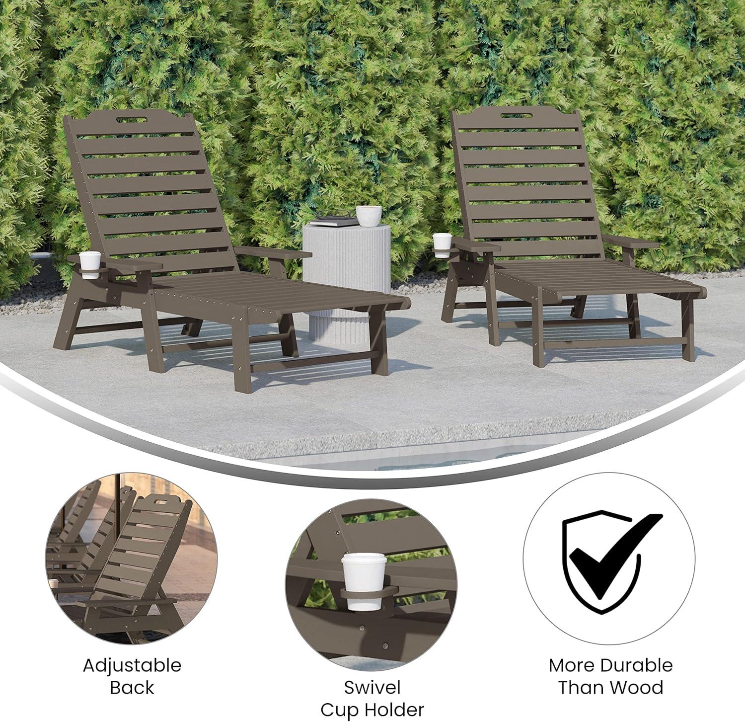 imageFlash Furniture Monterey Adjustable Adirondack Loungers with Cup Holders AllWeather IndoorOutdoor HDPE Lounge Chairs Set of 2 GrayBrown