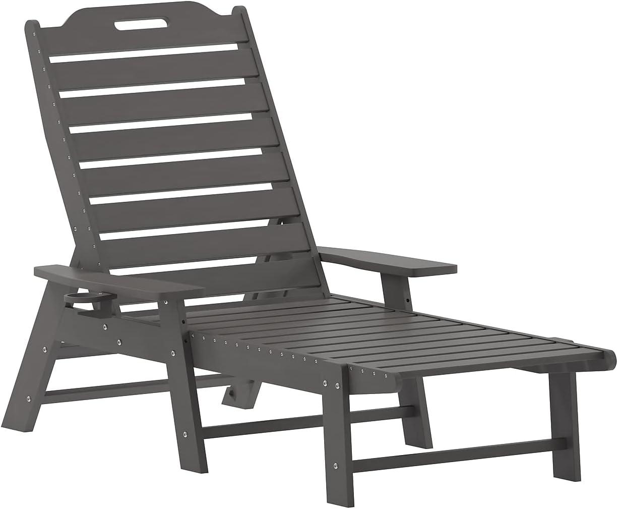 imageFlash Furniture Monterey Adjustable Adirondack Loungers with Cup Holders AllWeather IndoorOutdoor HDPE Lounge Chairs Set of 2 GrayGrey