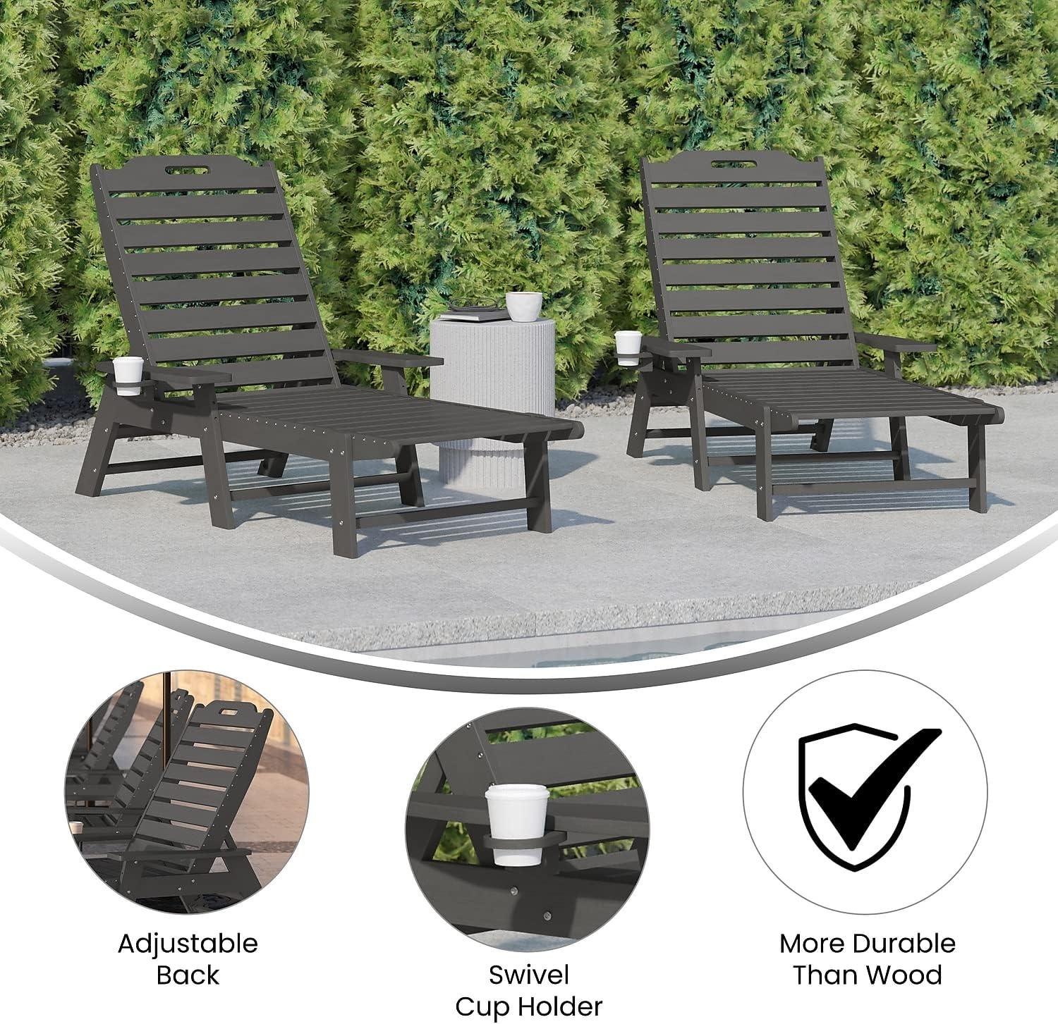 imageFlash Furniture Monterey Adjustable Adirondack Loungers with Cup Holders AllWeather IndoorOutdoor HDPE Lounge Chairs Set of 2 GrayGrey