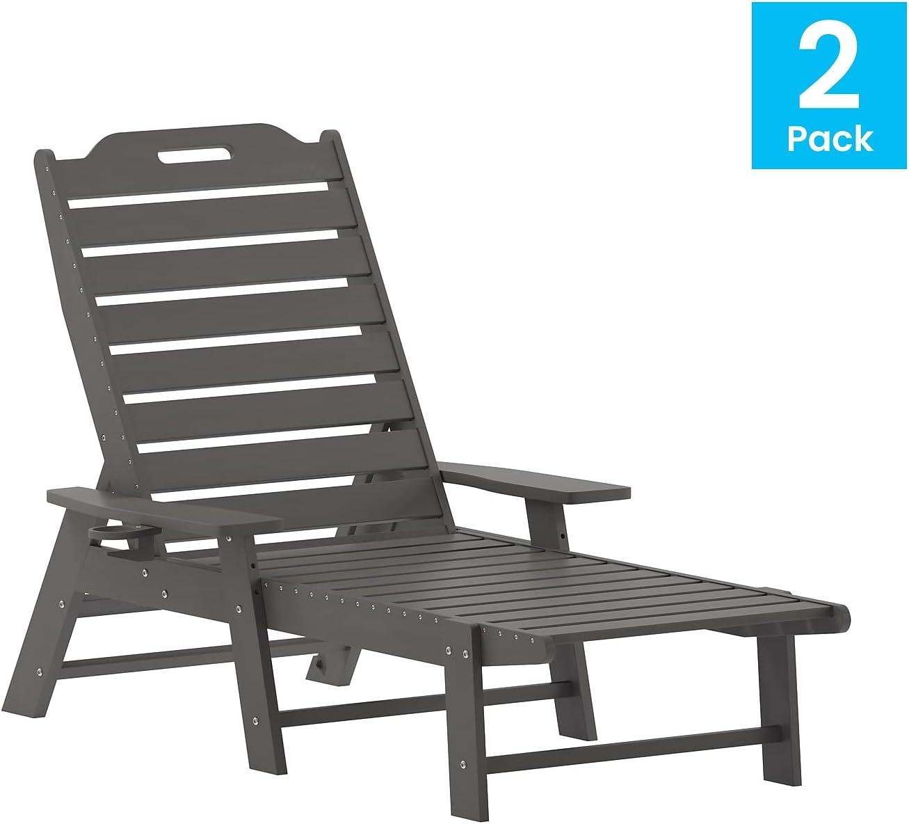 imageFlash Furniture Monterey Adjustable Adirondack Loungers with Cup Holders AllWeather IndoorOutdoor HDPE Lounge Chairs Set of 2 GrayGrey