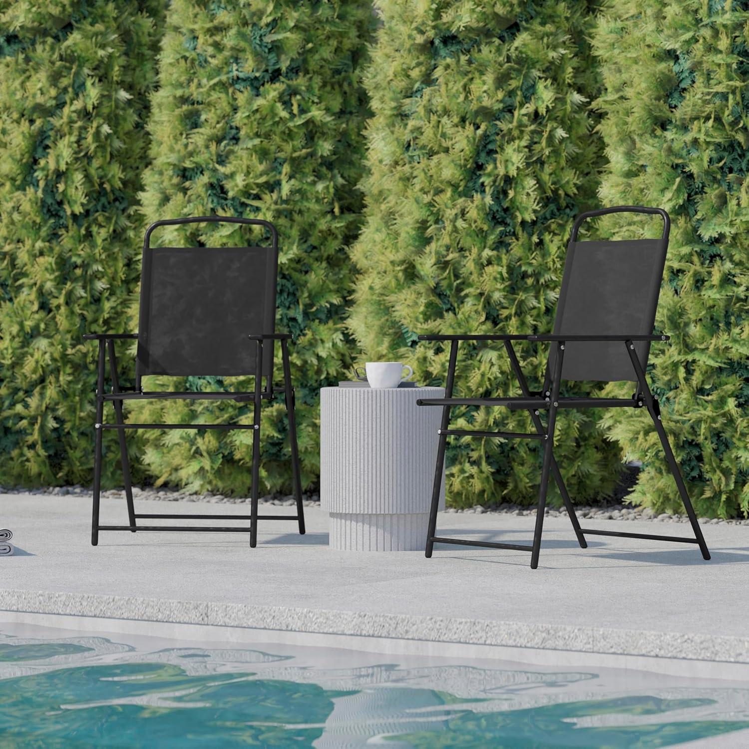 imageFlash Furniture Mystic Folding Patio Sling Chairs Outdoor Textilene Lawn Chairs with Armrests Set of 2 GrayBlack