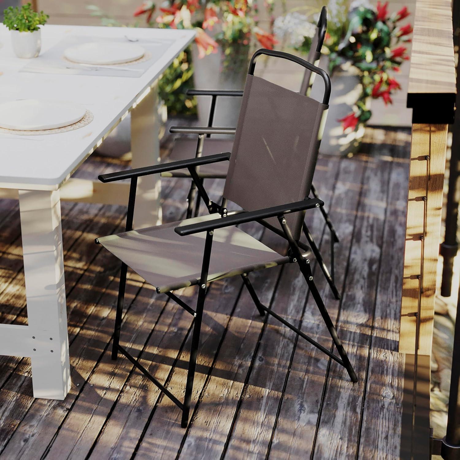 imageFlash Furniture Mystic Folding Patio Sling Chairs Outdoor Textilene Lawn Chairs with Armrests Set of 2 GrayBrown