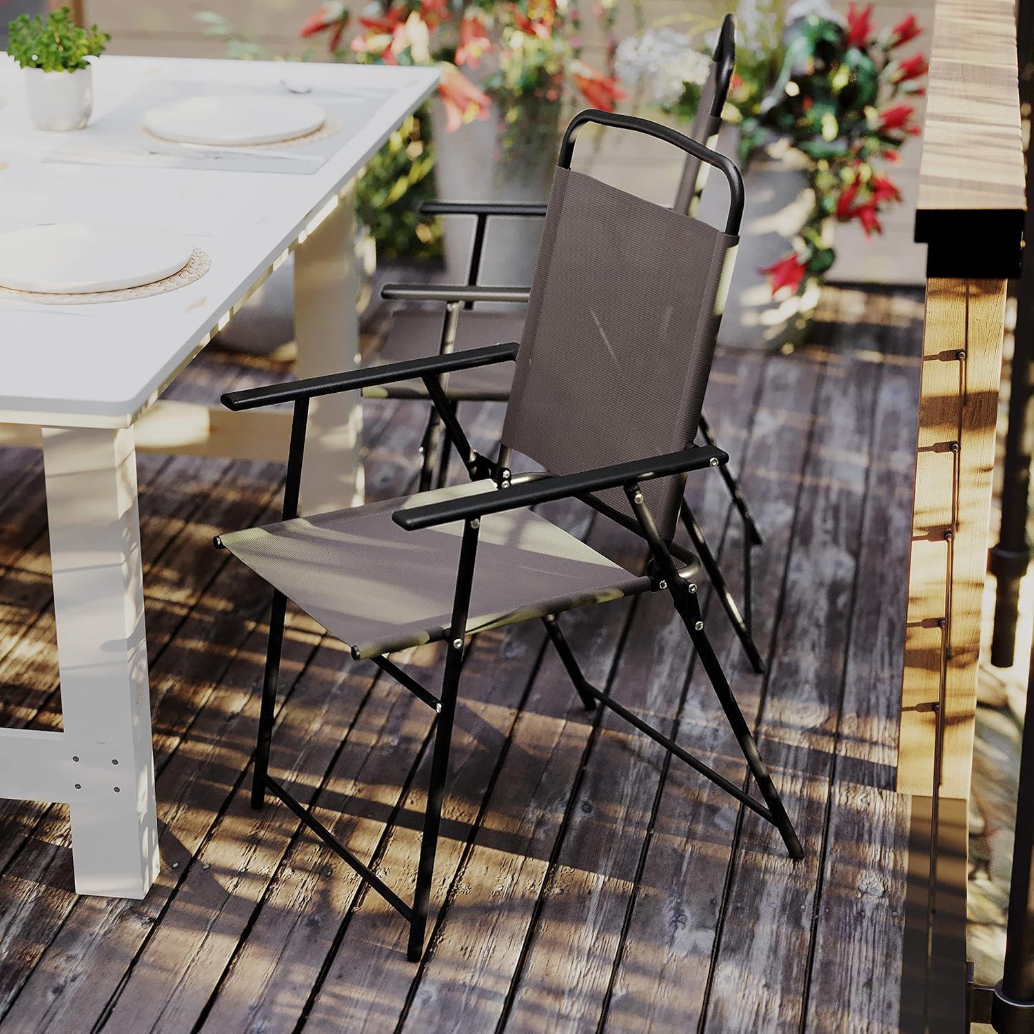 imageFlash Furniture Mystic Folding Patio Sling Chairs Outdoor Textilene Lawn Chairs with Armrests Set of 2 GrayBrown