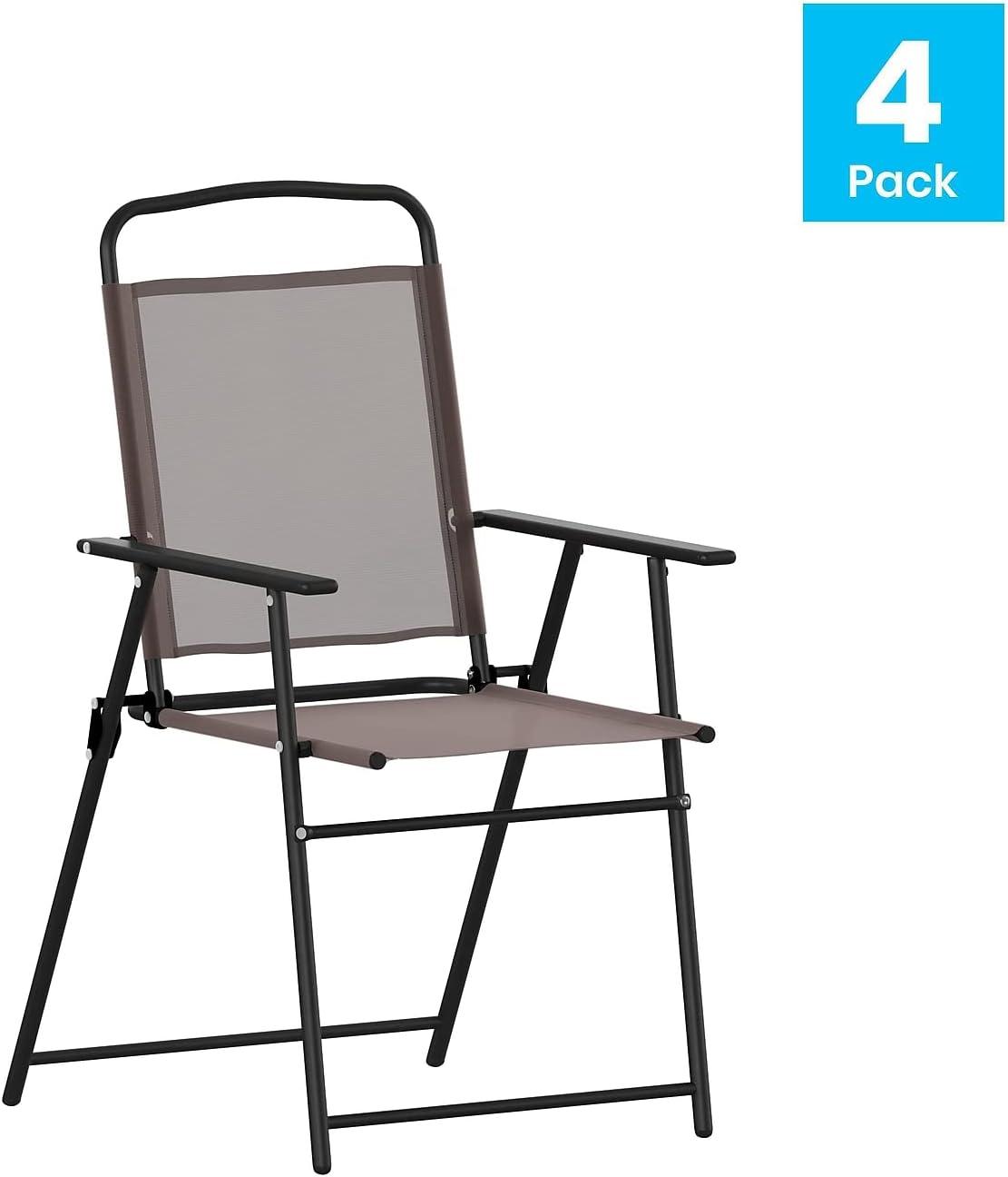 imageFlash Furniture Mystic Folding Patio Sling Chairs Outdoor Textilene Lawn Chairs with Armrests Set of 2 GrayBrown