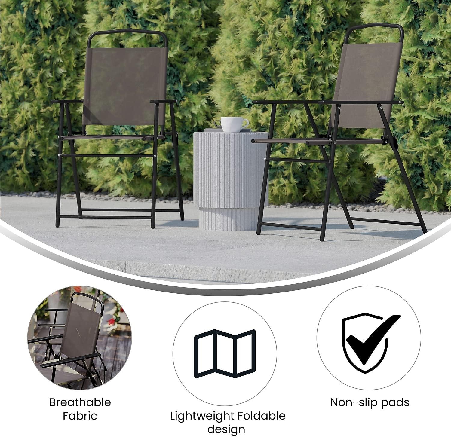 imageFlash Furniture Mystic Folding Patio Sling Chairs Outdoor Textilene Lawn Chairs with Armrests Set of 2 GrayBrown