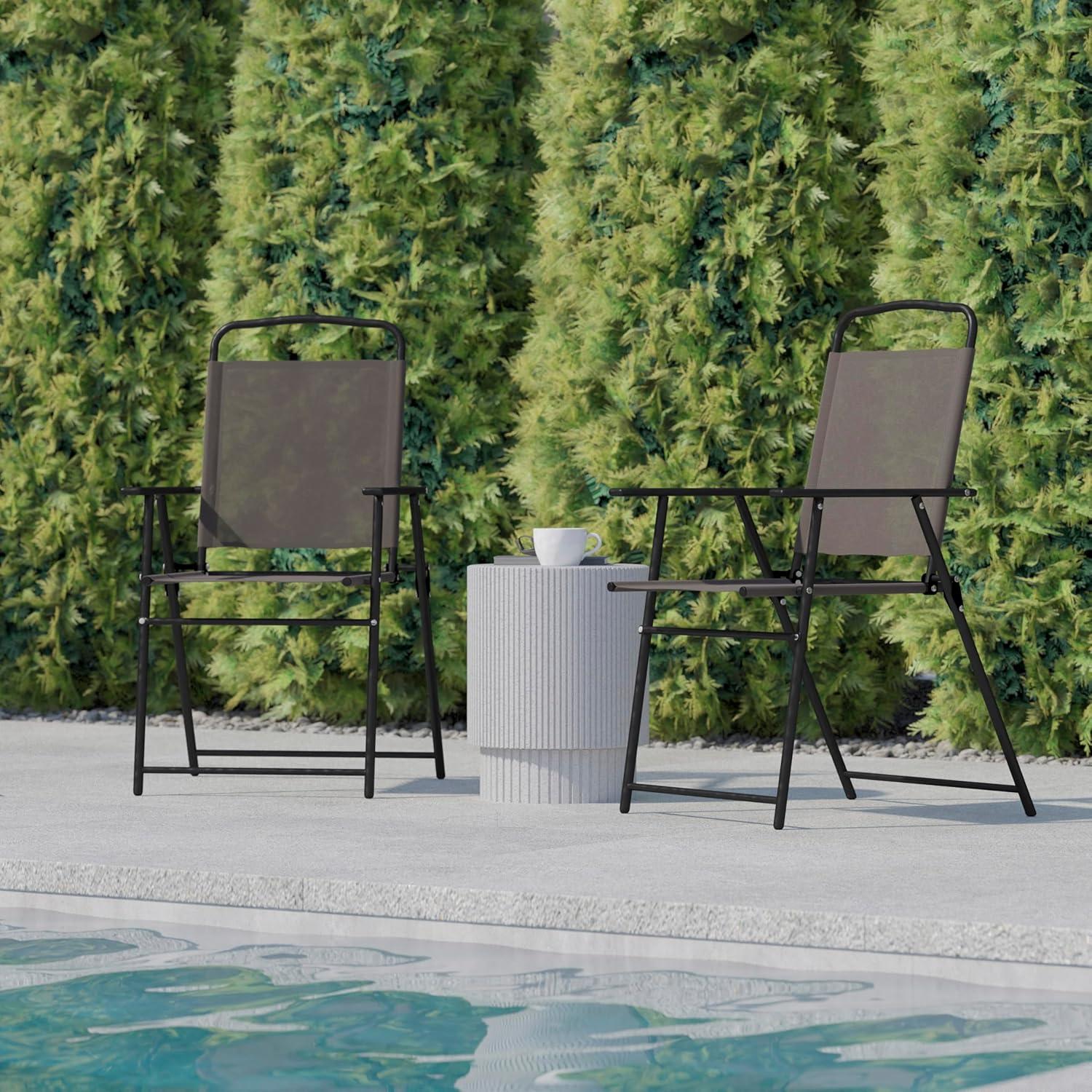 imageFlash Furniture Mystic Folding Patio Sling Chairs Outdoor Textilene Lawn Chairs with Armrests Set of 2 GrayBrown