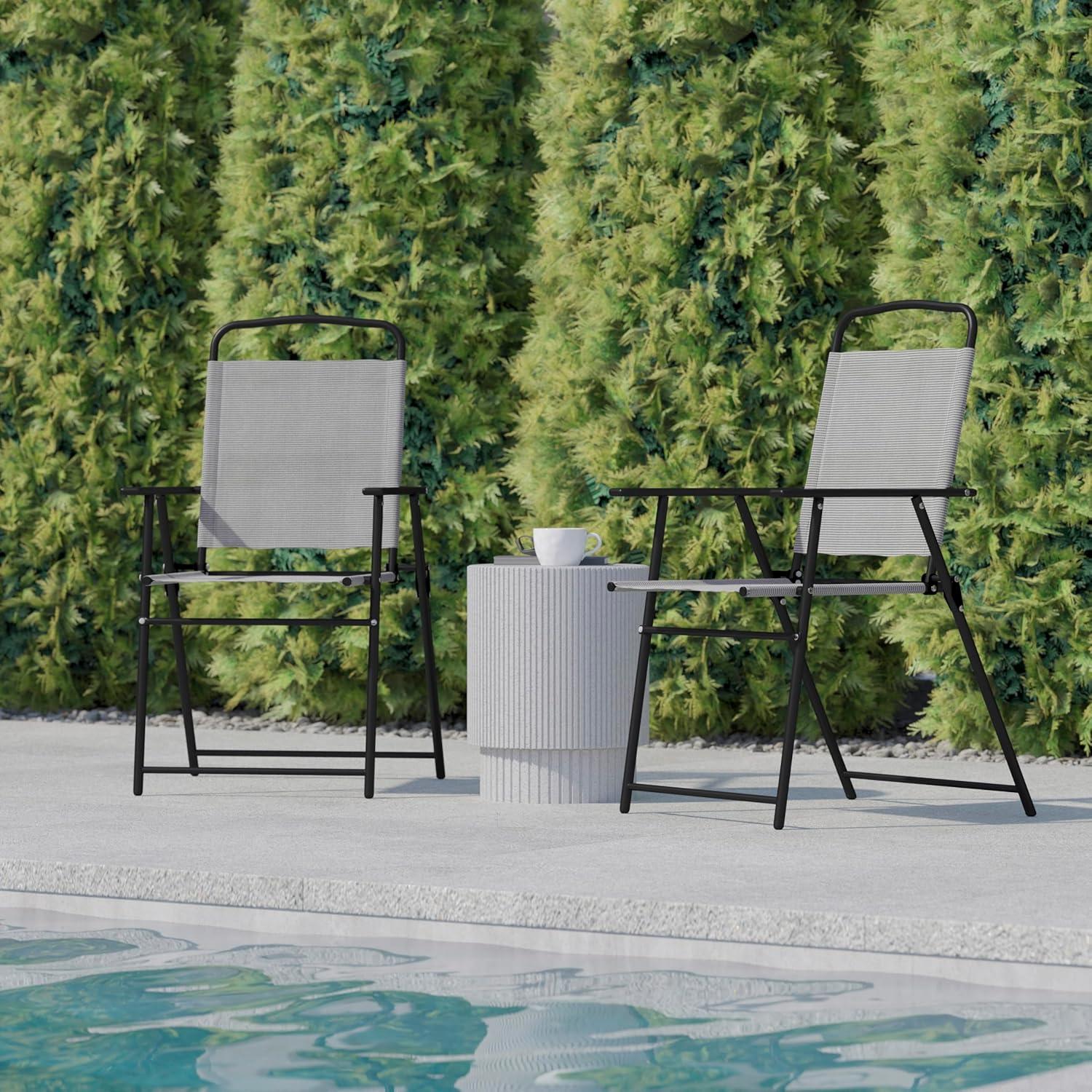 imageFlash Furniture Mystic Folding Patio Sling Chairs Outdoor Textilene Lawn Chairs with Armrests Set of 2 GrayGrey