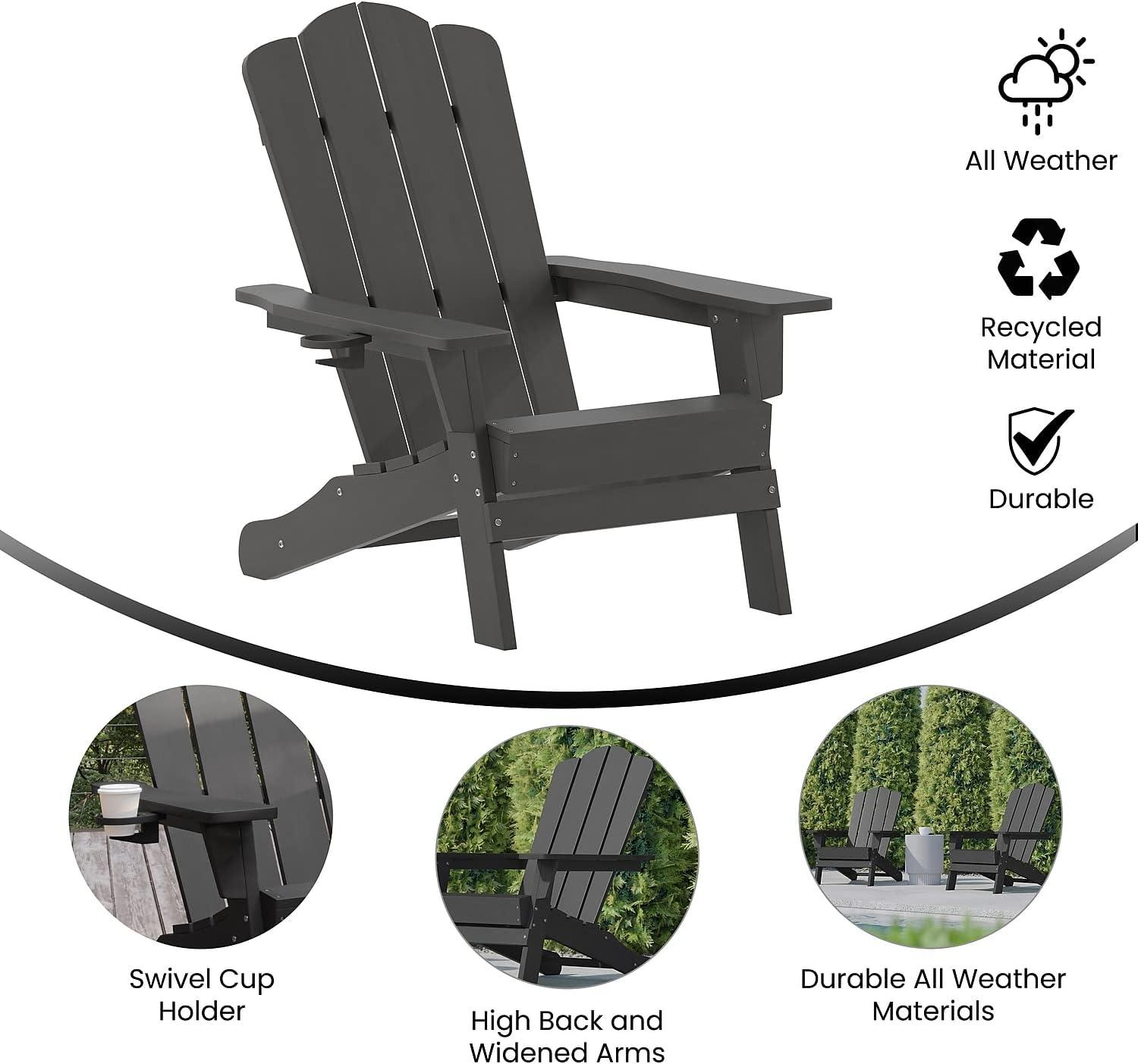 imageFlash Furniture Newport Adirondack Chair with Cup Holder Weather Resistant Poly Resin Adirondack Chair BlueGrey